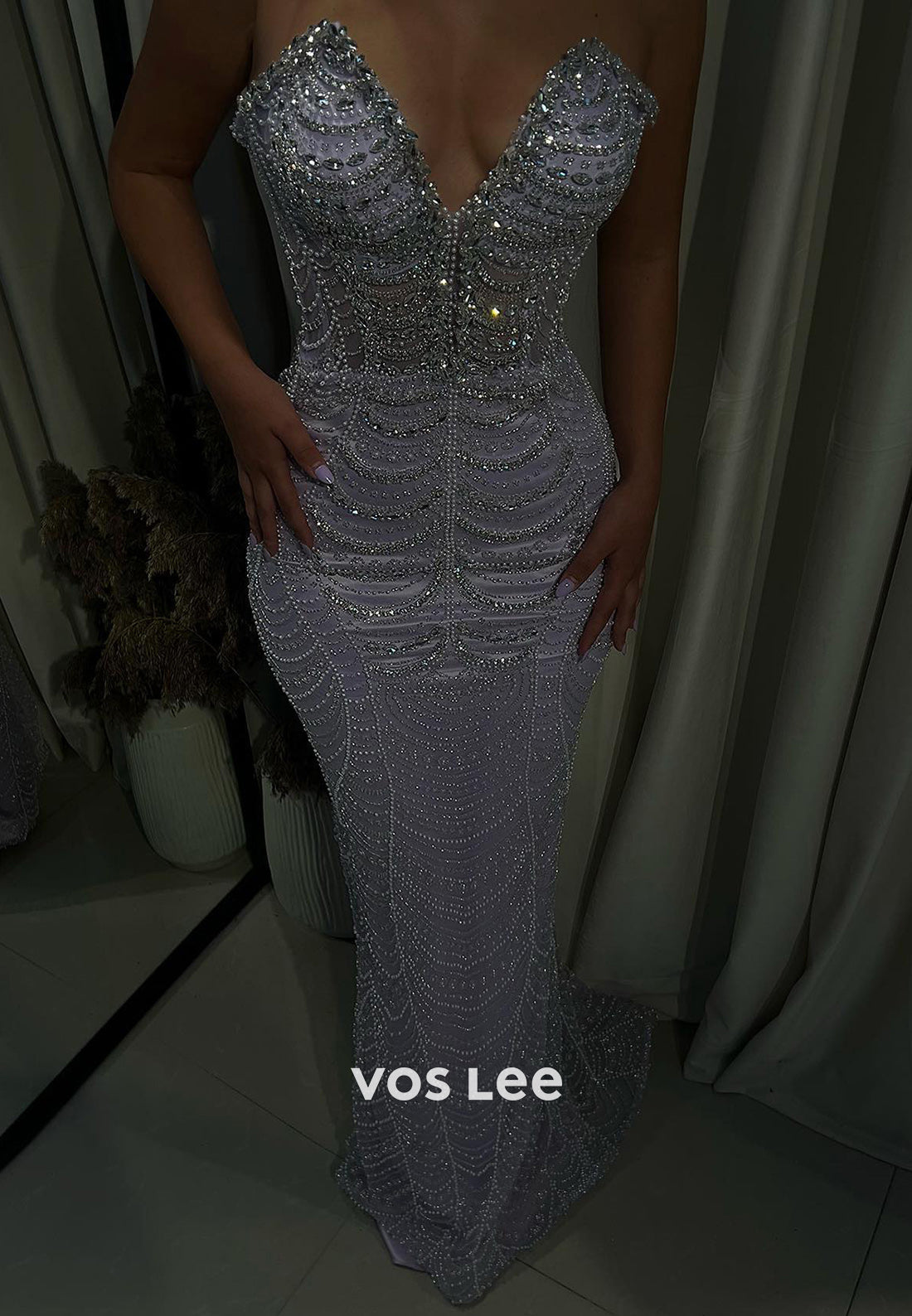 Sparkle & Shine Fully Beaded Pearls Rhinestone Pleated Sexy Mermaid Evening Dresses