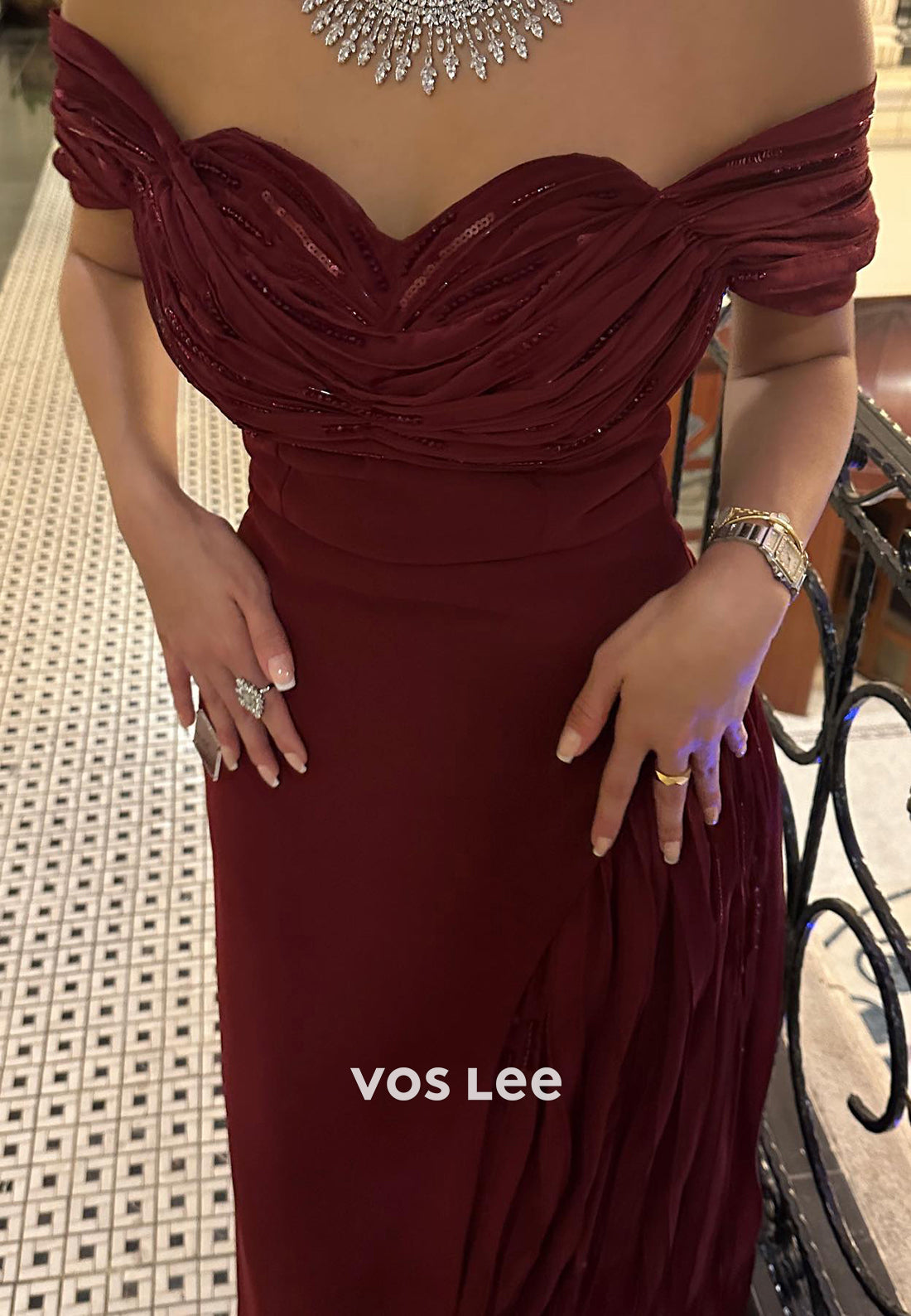 A-Line Off the Shoulder Sequins Pleated Floor-Length Evening Dresses