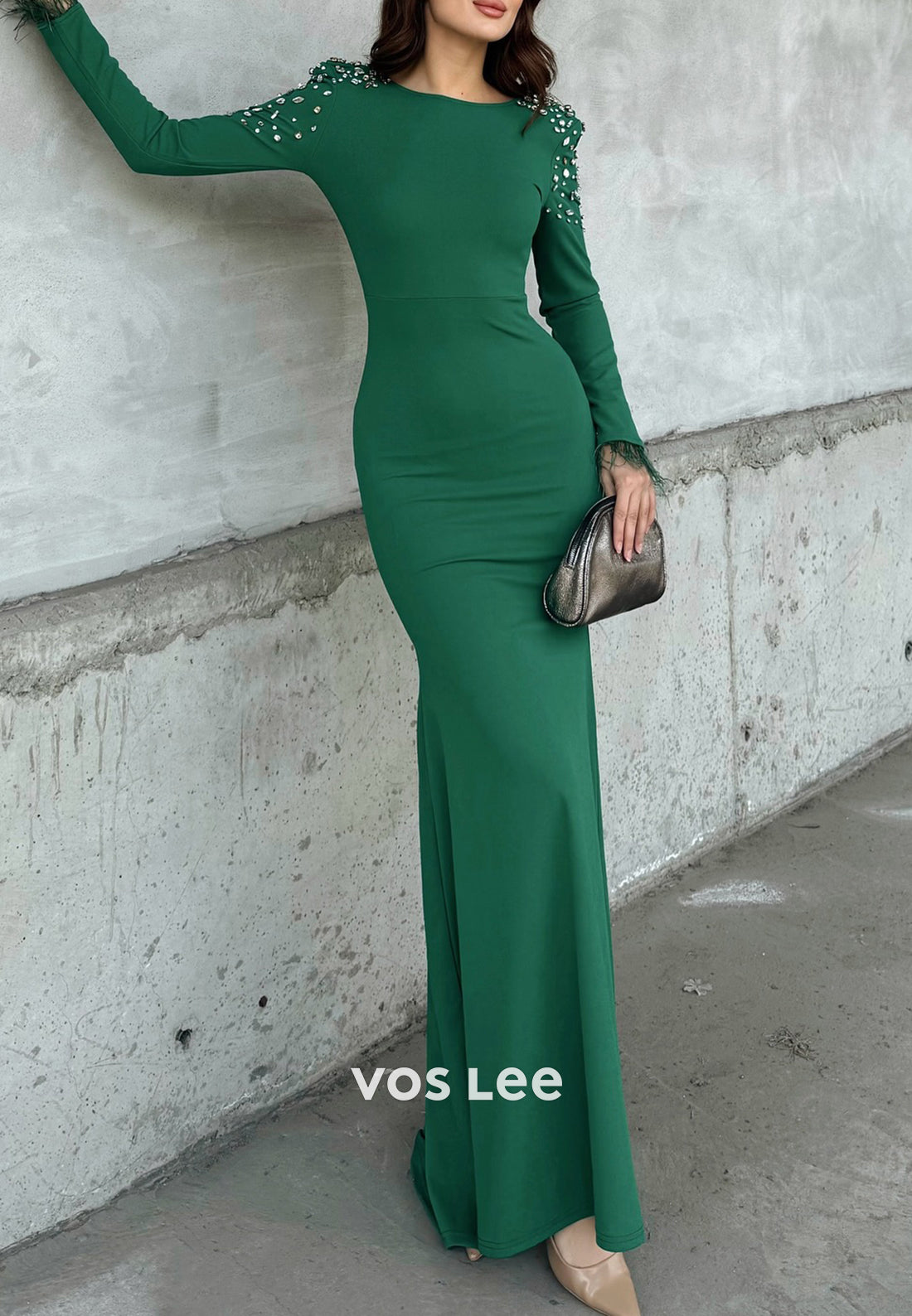 Long Sleeve Feather Scoop Rhinestone Floor-Length Mermaid Evening Dresses