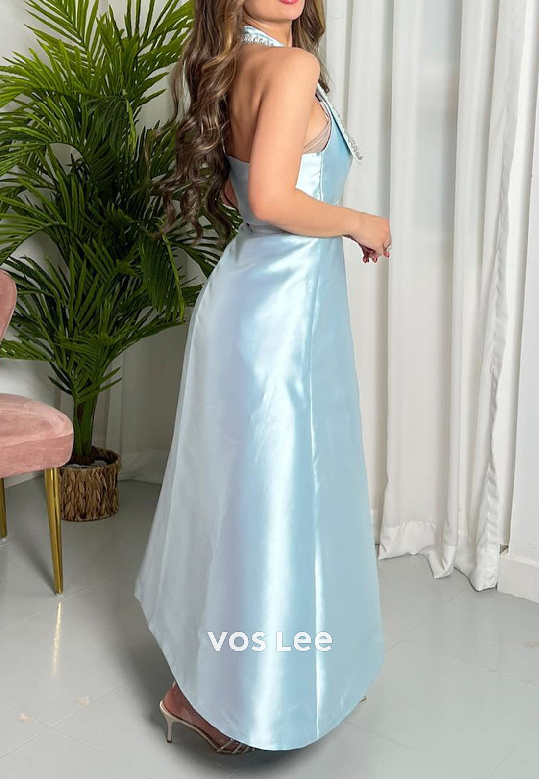 A-Line V Neck Beaded Sky Blue Ankle-Length Evening Dresses
