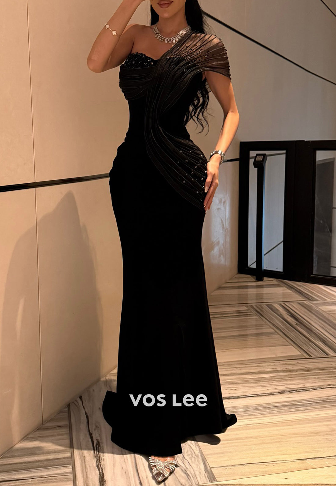 One Shoulder Rhinestone Embellished Pleated Mermaid Evening Dresses with High Split