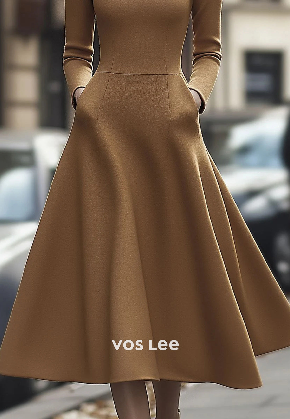 Simple & Classic A-Line Long Sleeve High Neck Wedding Guest Dresses with Pockets