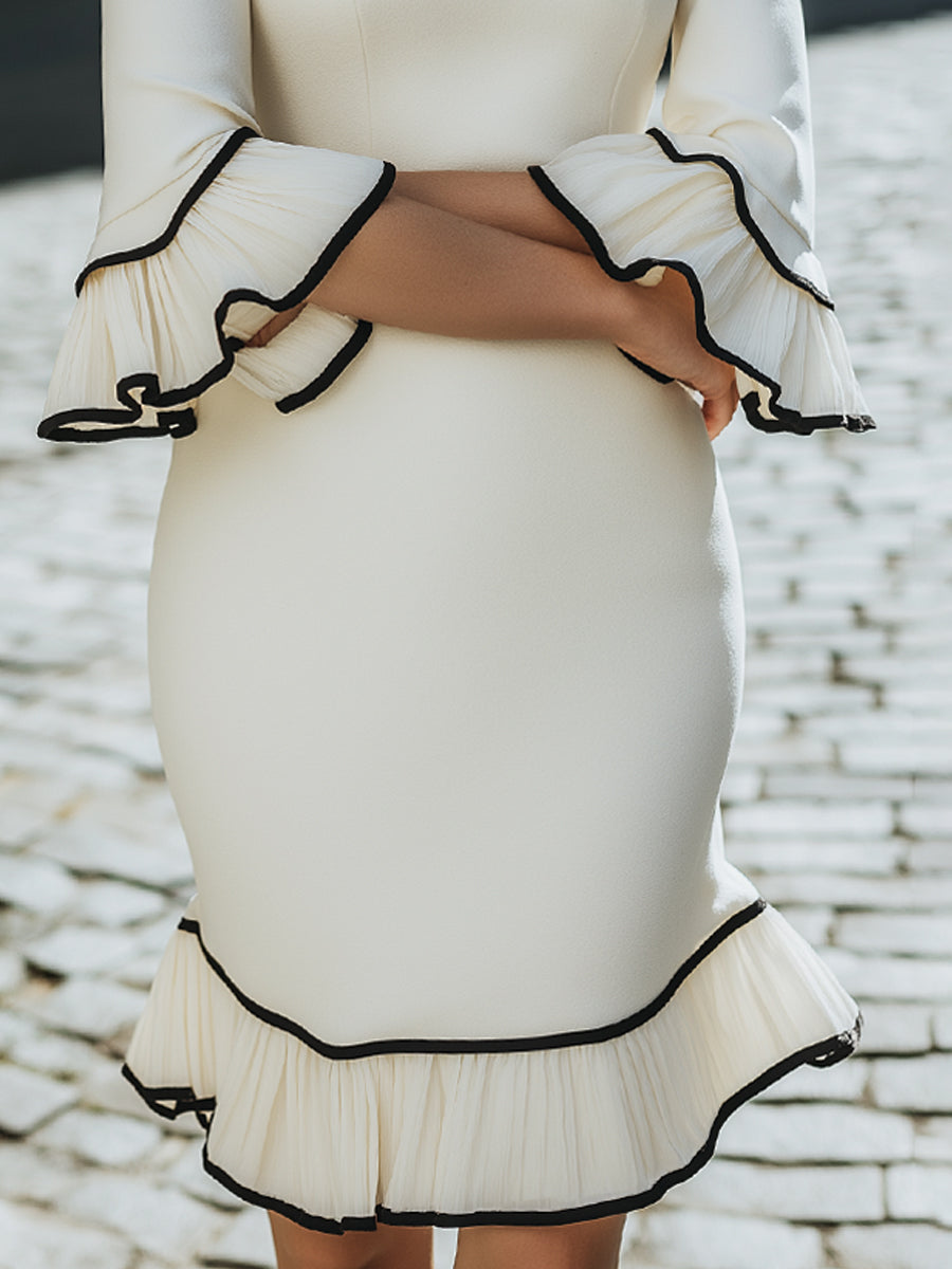 Ivory Ruffle-Trim Dress With Black Piping