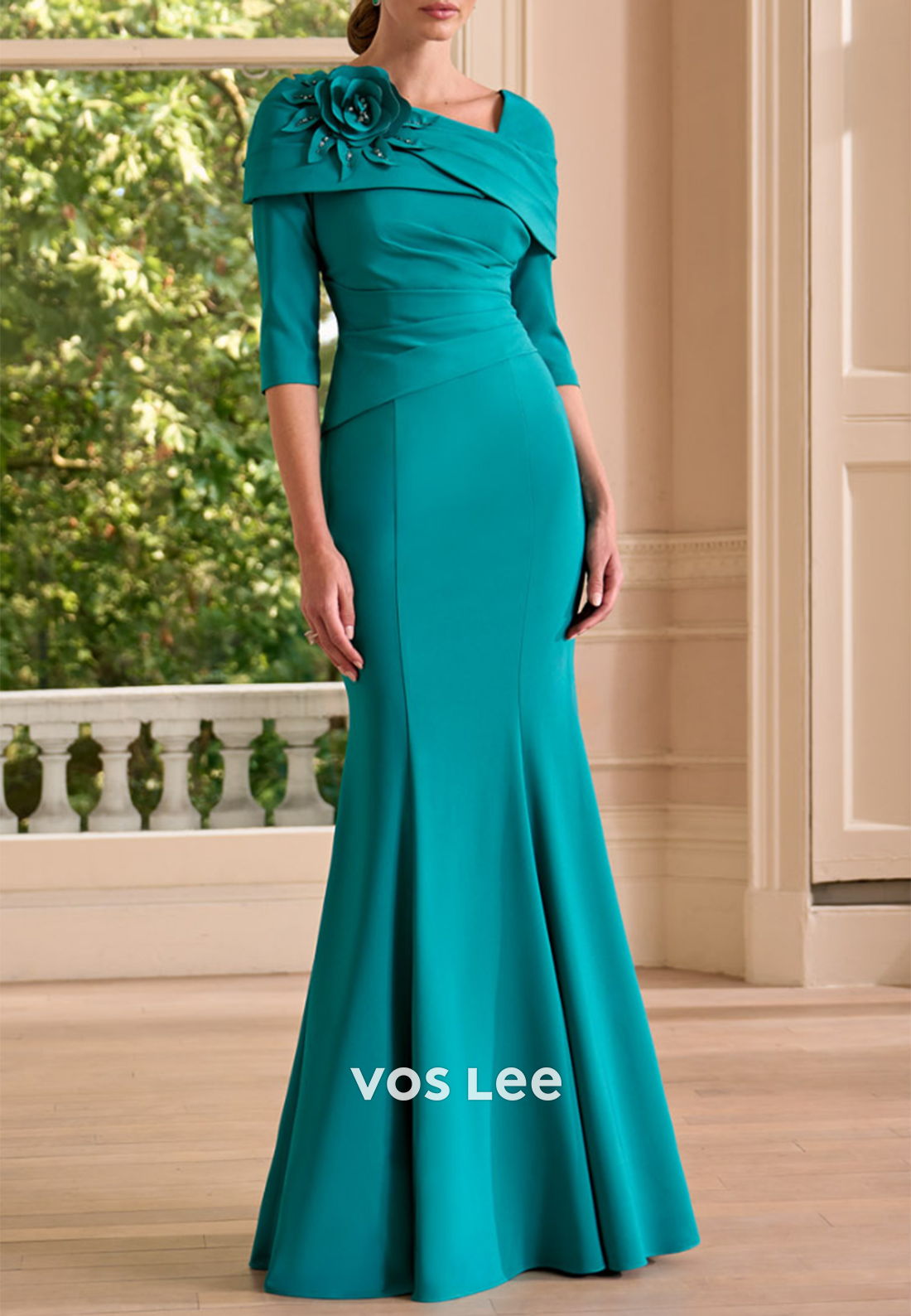 Half Sleeve Asymmetrical Neck Ruched Mermaid Floor-Length Mother of Bride Dresses
