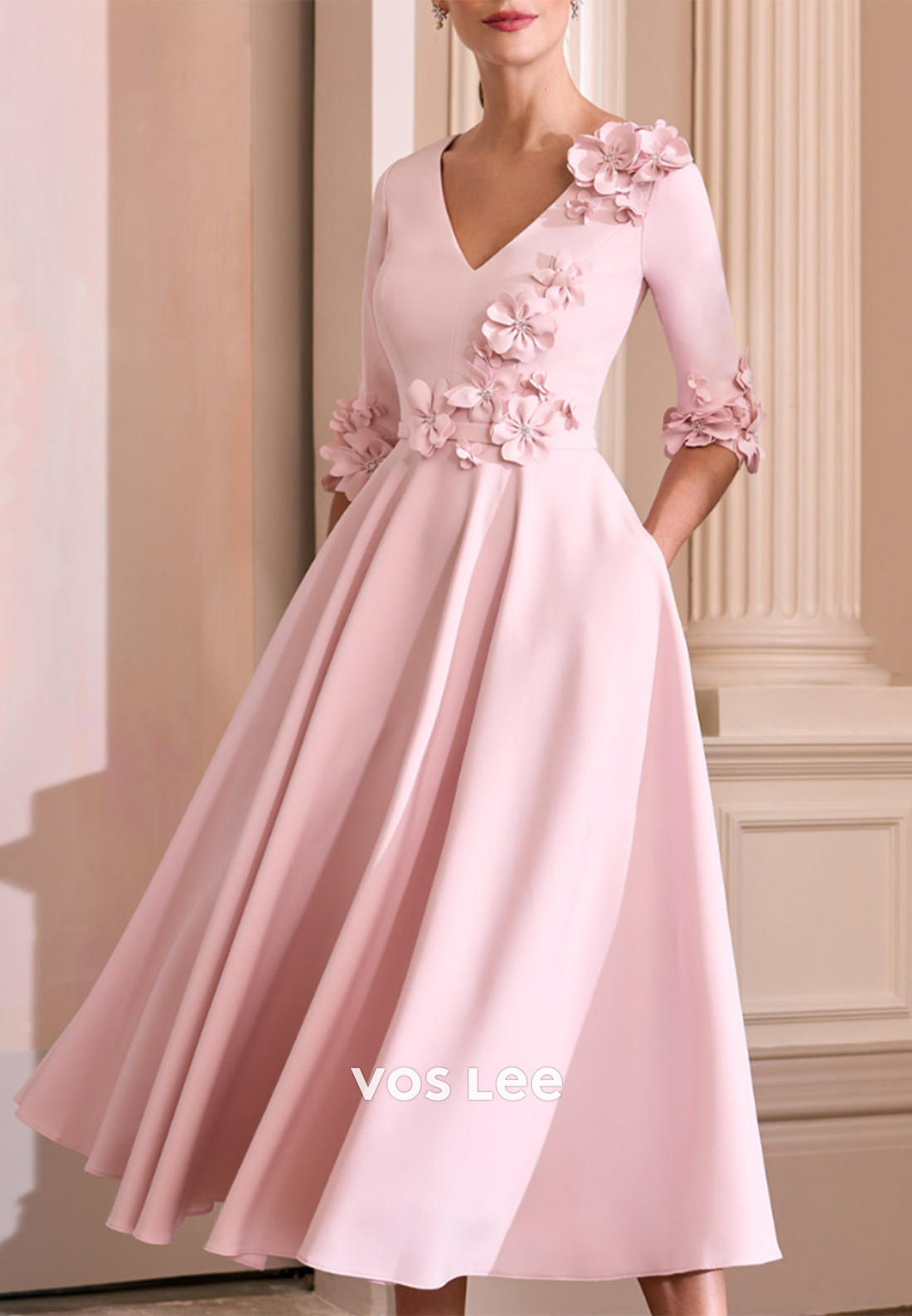 A-Line V Neck Half Sleeve Floral Embellished Tea-Length Pleated Mother of Bride Dresses