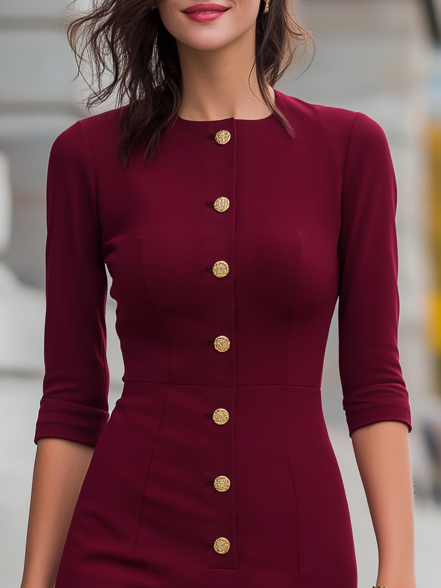 Button-Front Structured Dress With Scalloped Hem