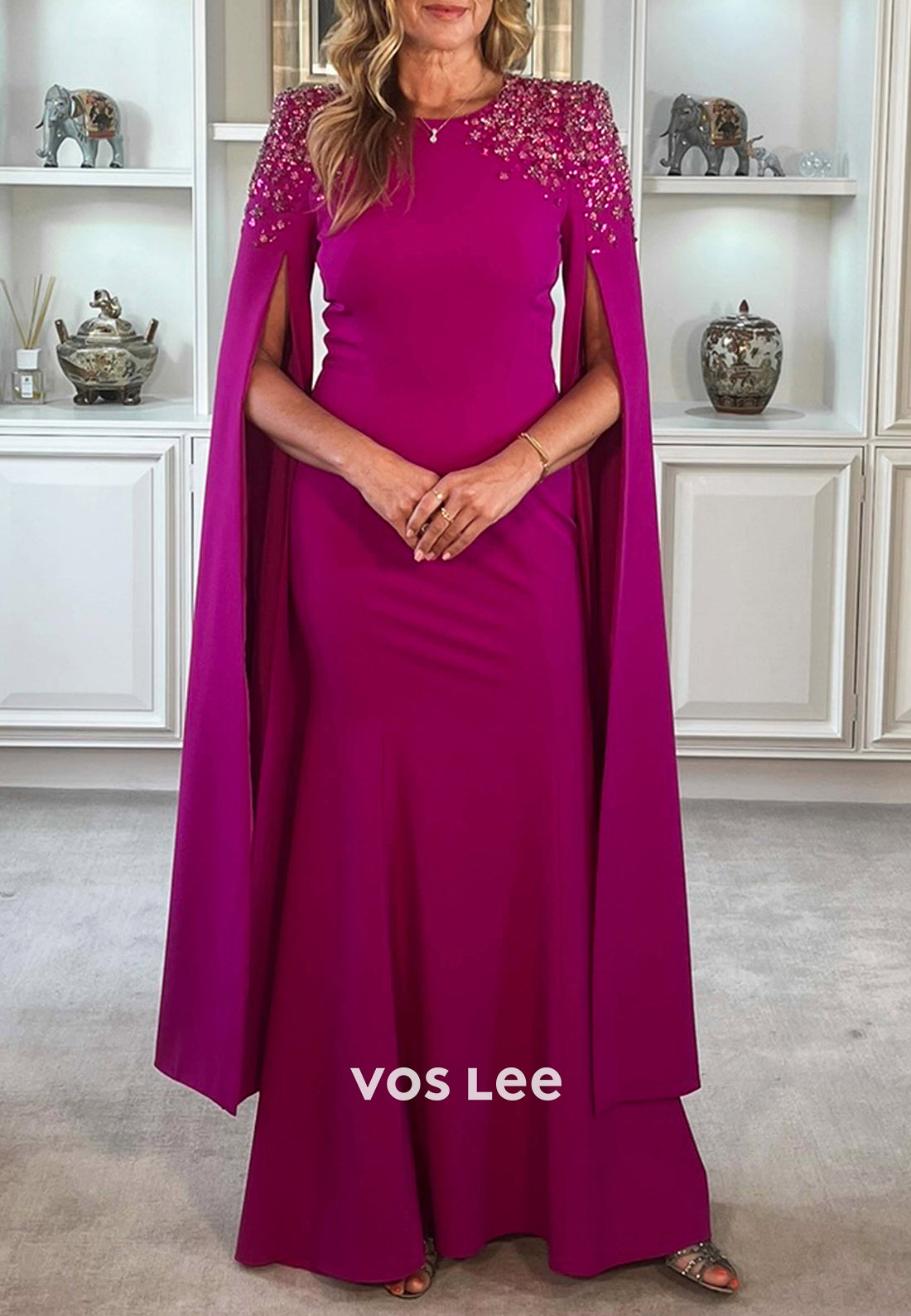 Scoop Floor-Length Mermaid Beaded Long Sleeve Mother of Bride Dresses
