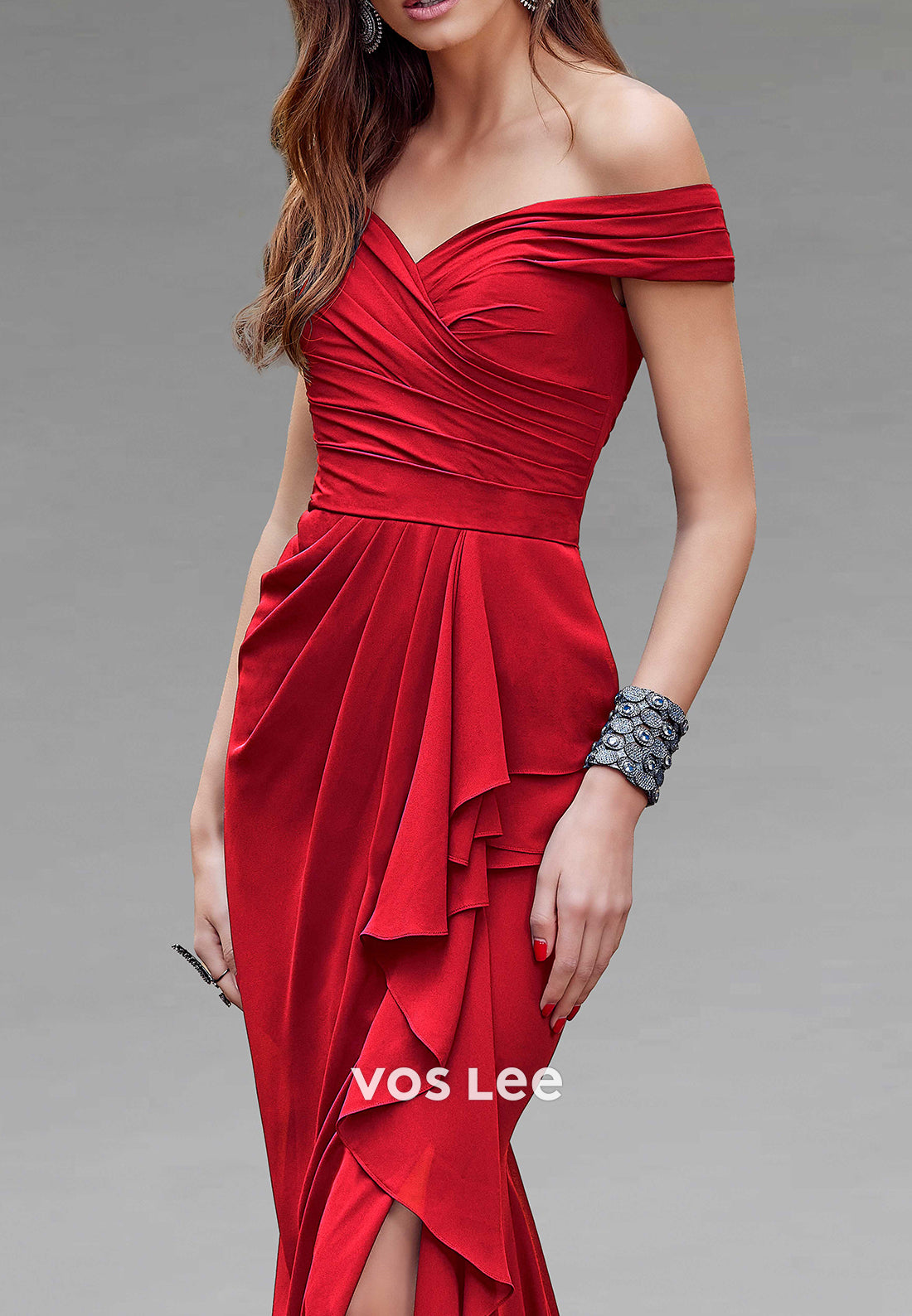 Red Off the Shoulder Pleated Mermaid Mother of Bride Dresses with High Split