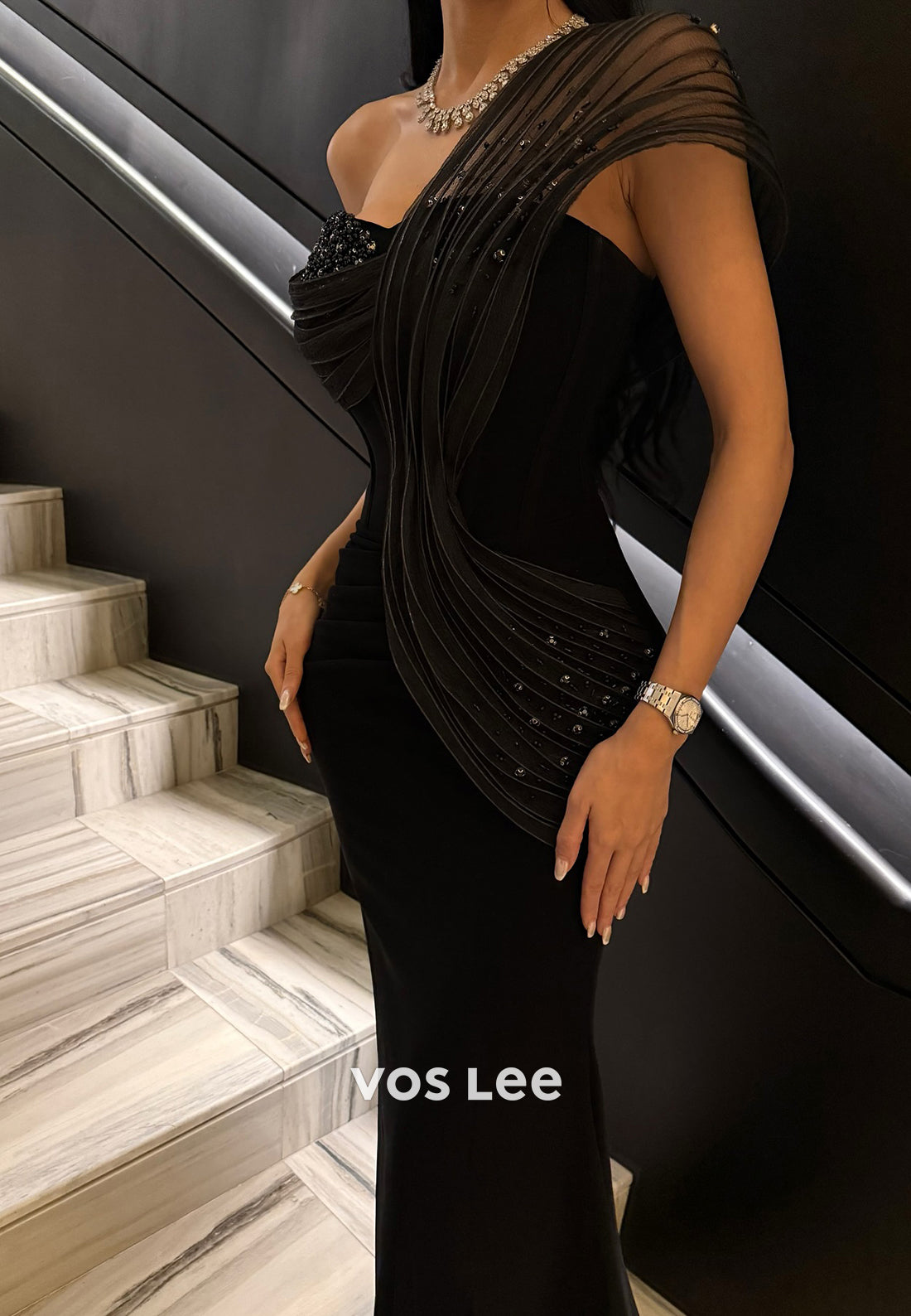 One Shoulder Rhinestone Embellished Pleated Mermaid Evening Dresses with High Split