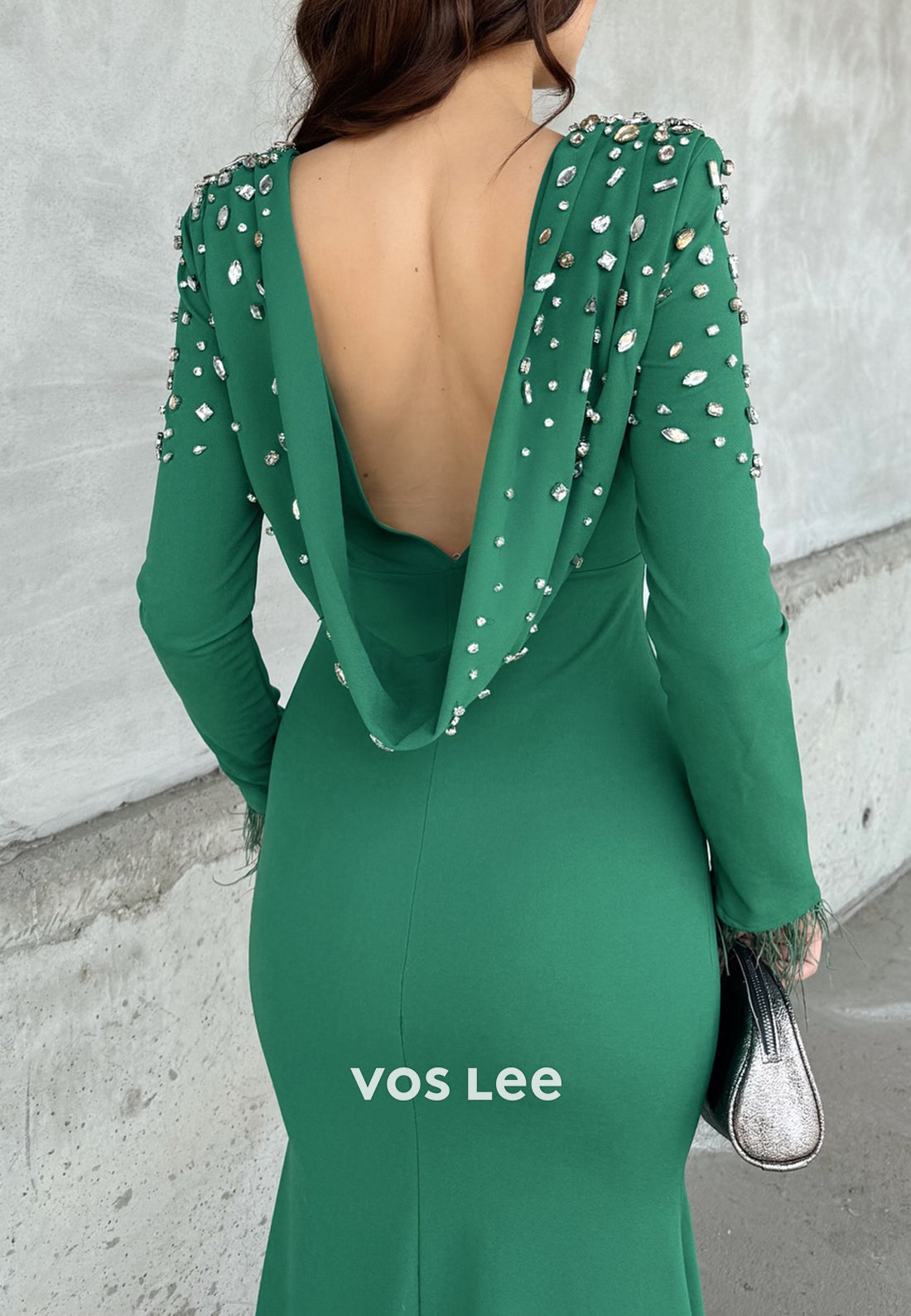 Long Sleeve Feather Scoop Rhinestone Floor-Length Mermaid Evening Dresses