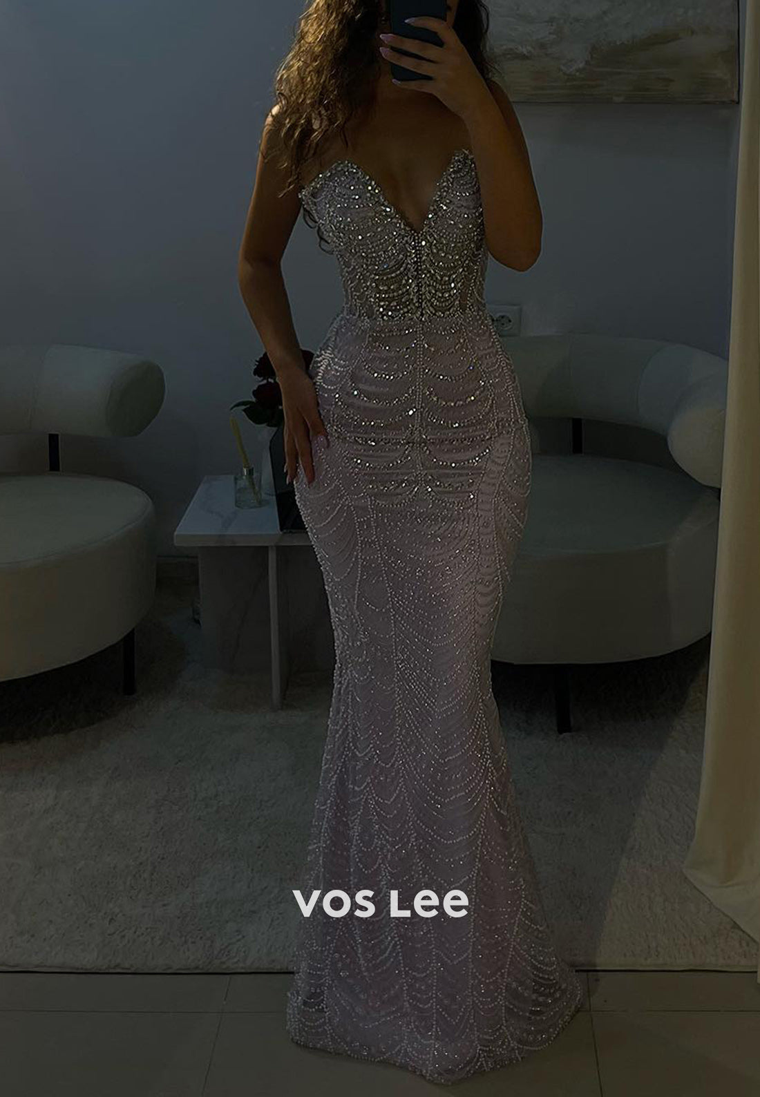 Sparkle & Shine Fully Beaded Pearls Rhinestone Pleated Sexy Mermaid Ev VOS LEE Sparkle & Shine Fully Beaded Pearls Rhinestone Pleated Sexy Mermaid Ev VOS LEE