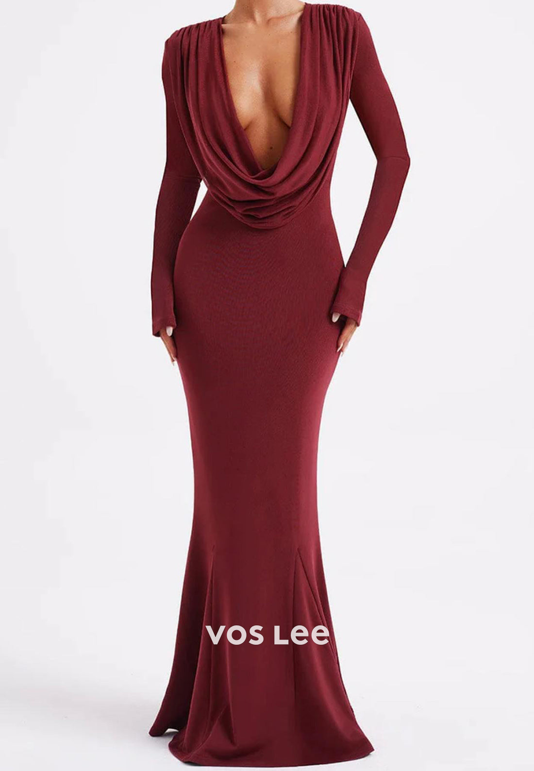 Sexy Long Sleeve Burgundy V Neck Pleated Mermaid Floor-Length Evening Dresses