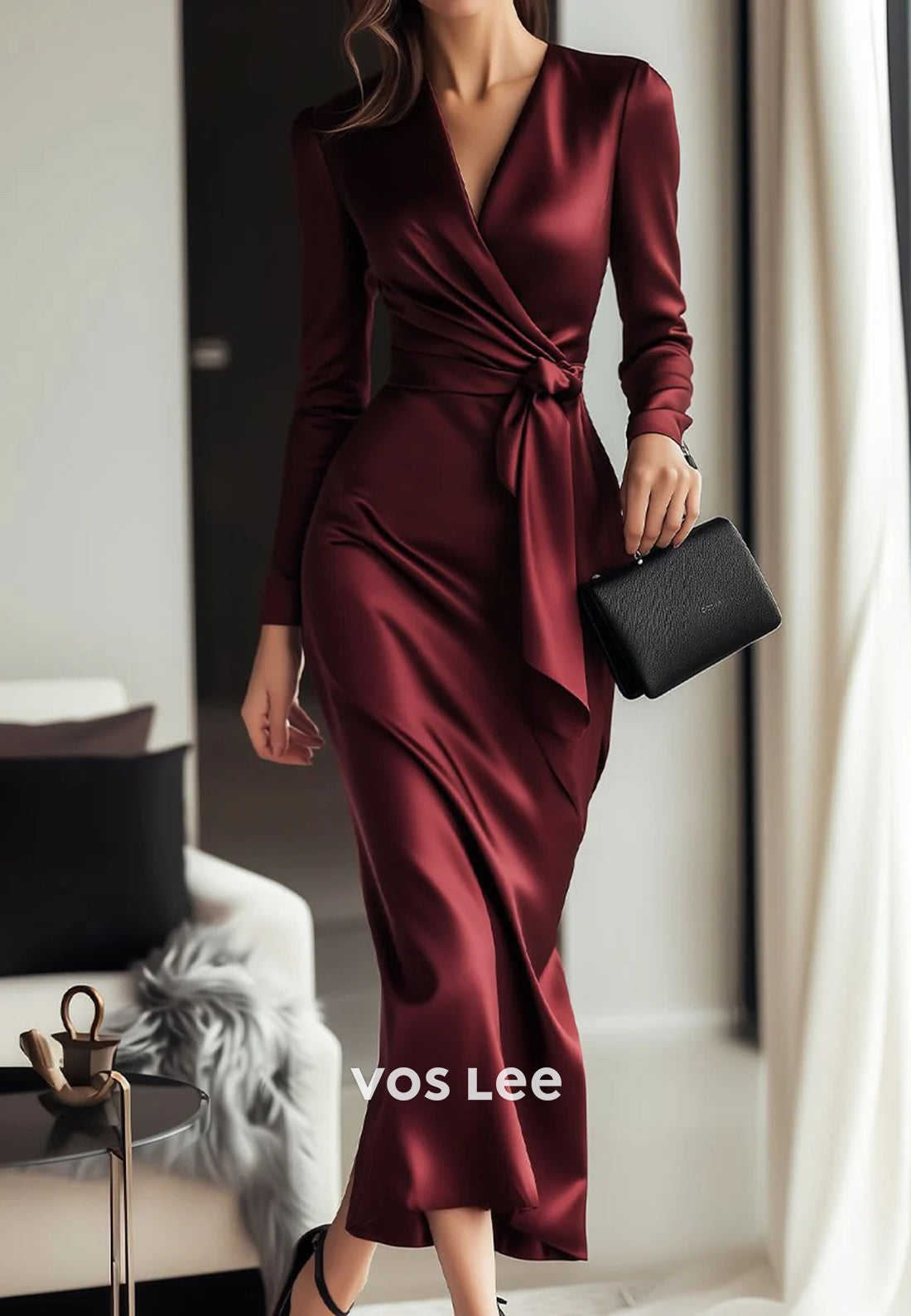 Long Sleeve V Neck Ankle-Length Pleated Sheath Wedding Guest Dresses Party Dresses