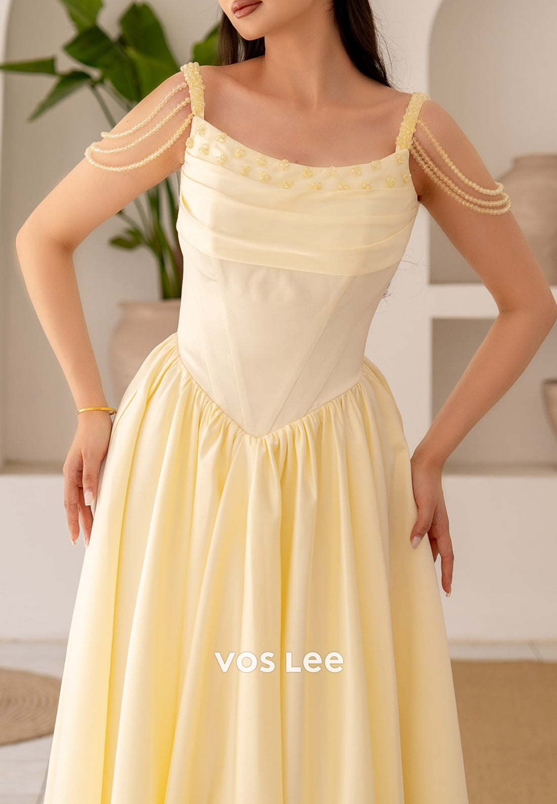 A-Line Scoop Spaghetti Straps Beaded Pleated Long Prom Dresses