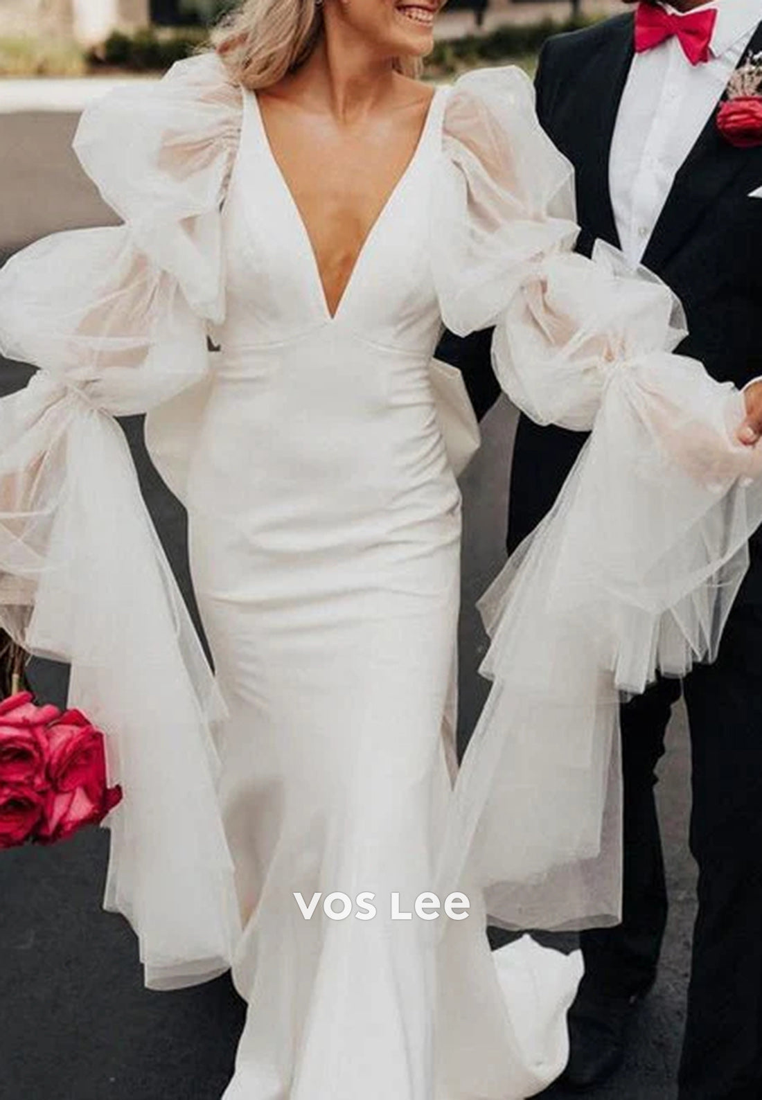 Plunging V Neck Bell Sleeves Bowknot Pleated Mermaid Wedding Dresses with Court Train