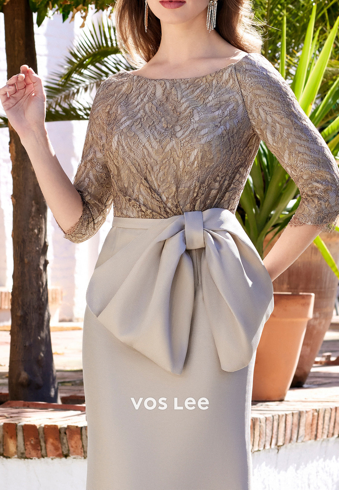 Simple & Classic A-Line 3/4 Sleeve Scoop Bowknot Floor-Length Mother of Bride Dress