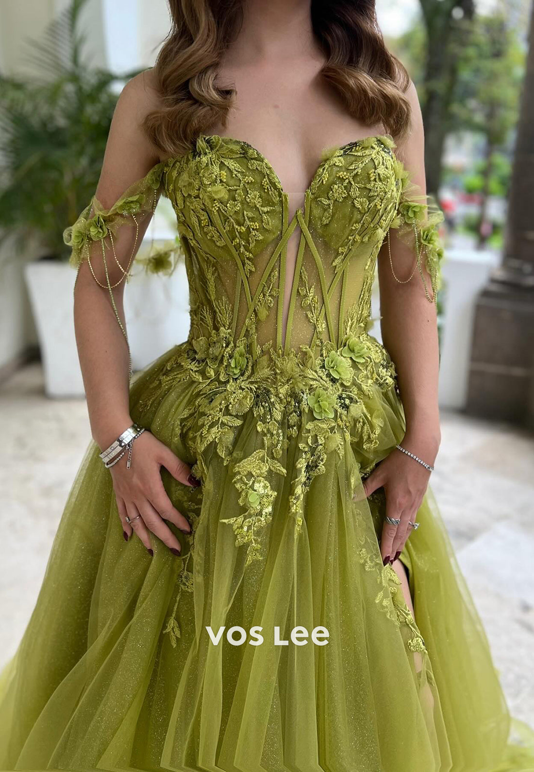 A-Line Sweetheart Off-Shoulder Lace Applique Evening Dresseswith High Slit