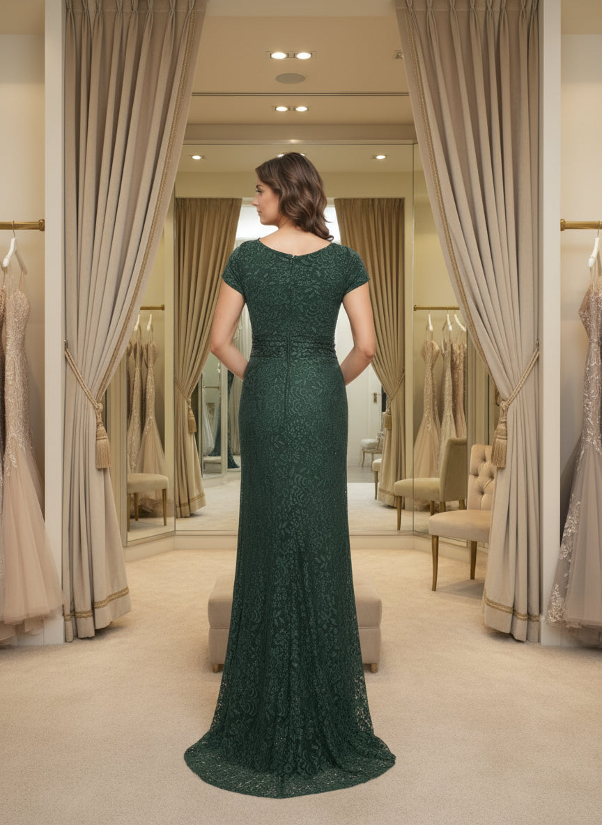 V-Neck Lace Cap Sleeves Dark Green Sheath Floor Length Mother Of The Bride Dress