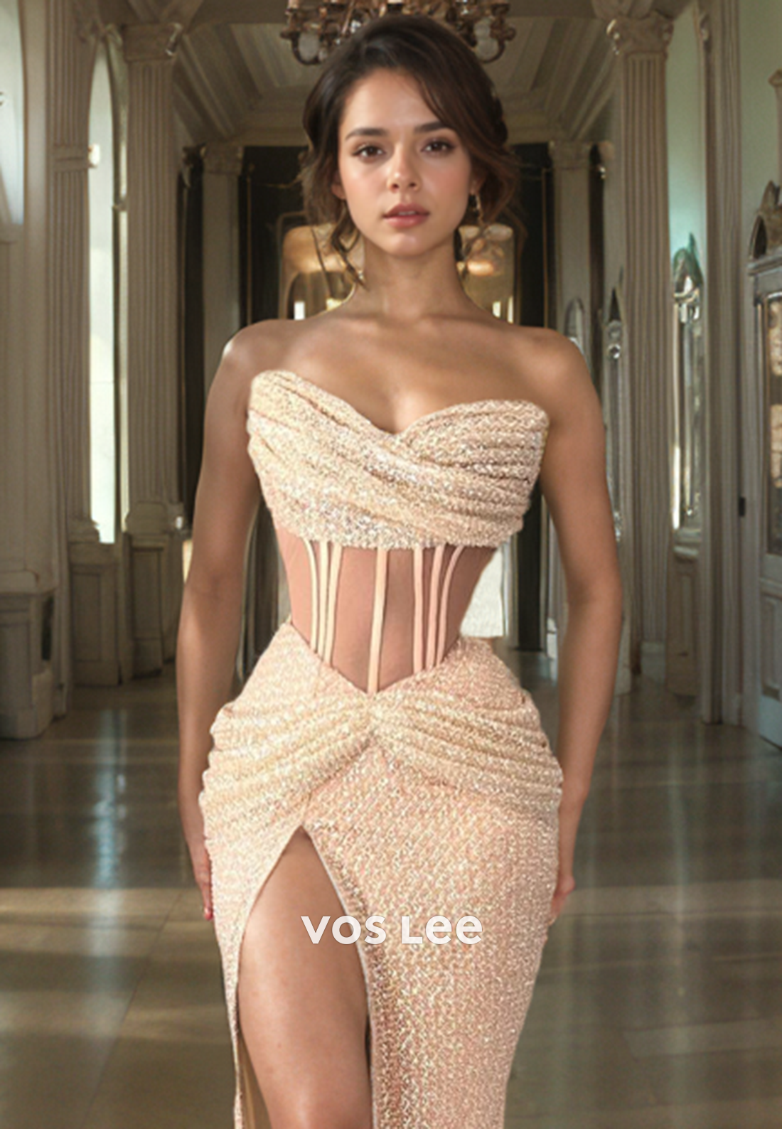 Aesthetic Beaded Tulle Evening Dress Trumpet Trapless High Slit Long Formal Prom Dress