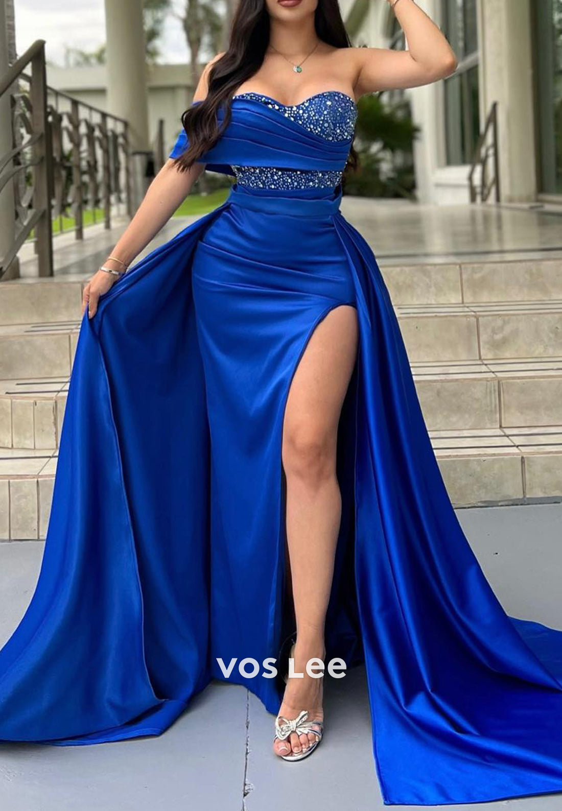 Royal Blue One Shoulder Sweetheart Ruched Mermaid Evening Dresses with Court Train