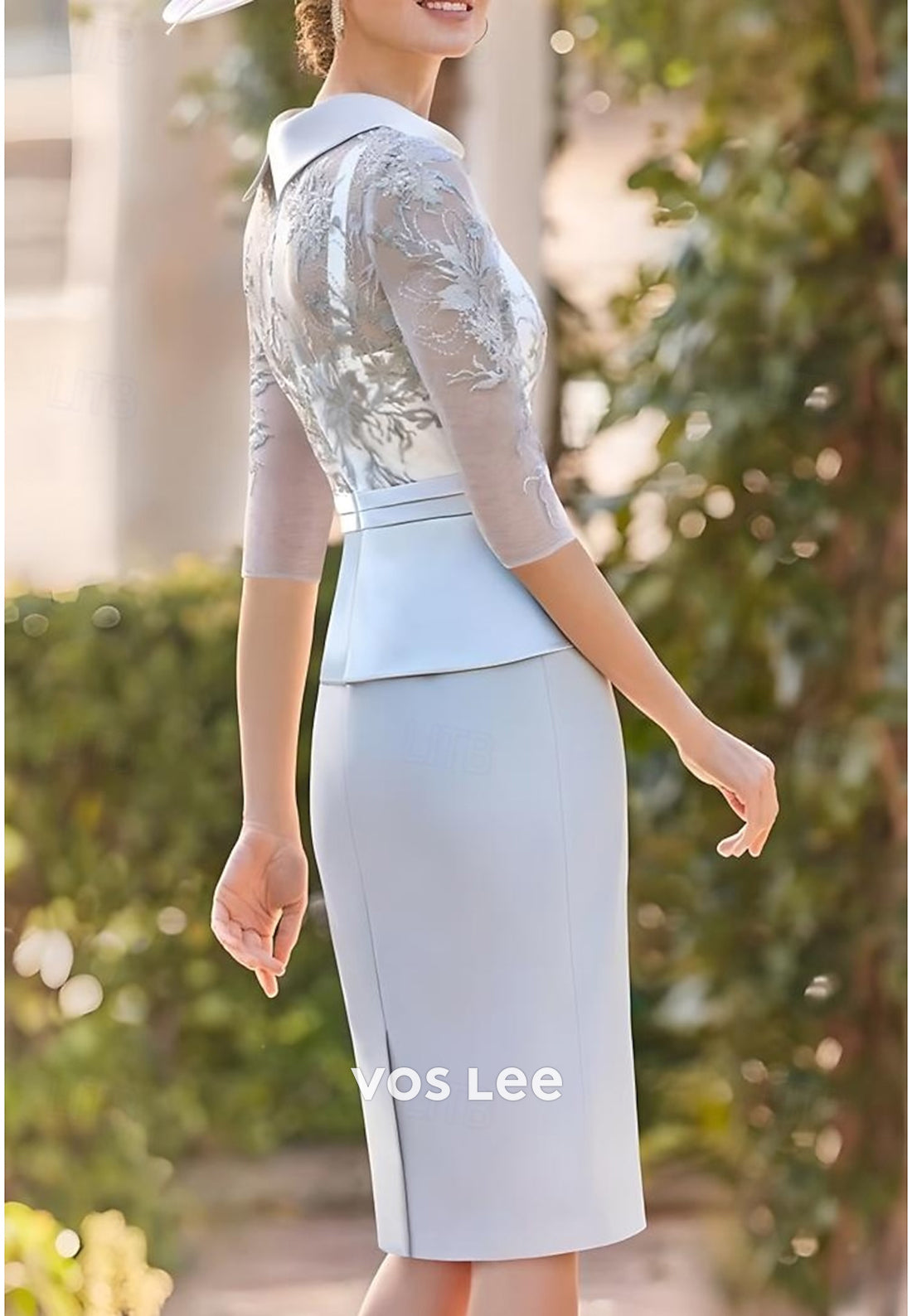 Sky Blue Bell Sleeves Appliques Knee-Length Mermaid Mother of Bride Dresses