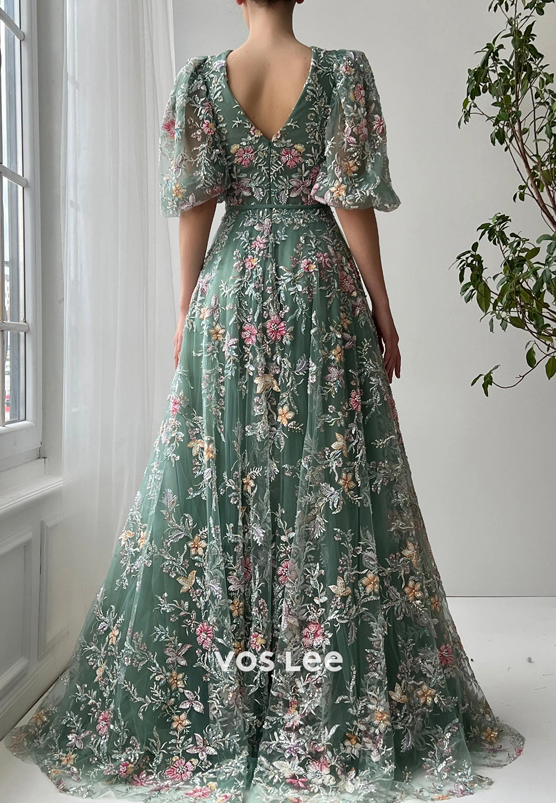 A-Line Short Sleeve V Neck Appliques Lace Floor-Length Prom Dresses