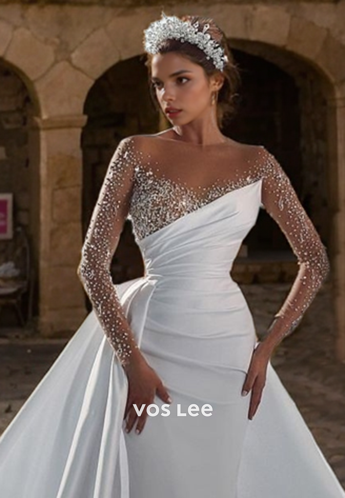 Dreamy Beads Full Sleeves Bride Dress Satin Floor Length Long Train Wedding Dresses