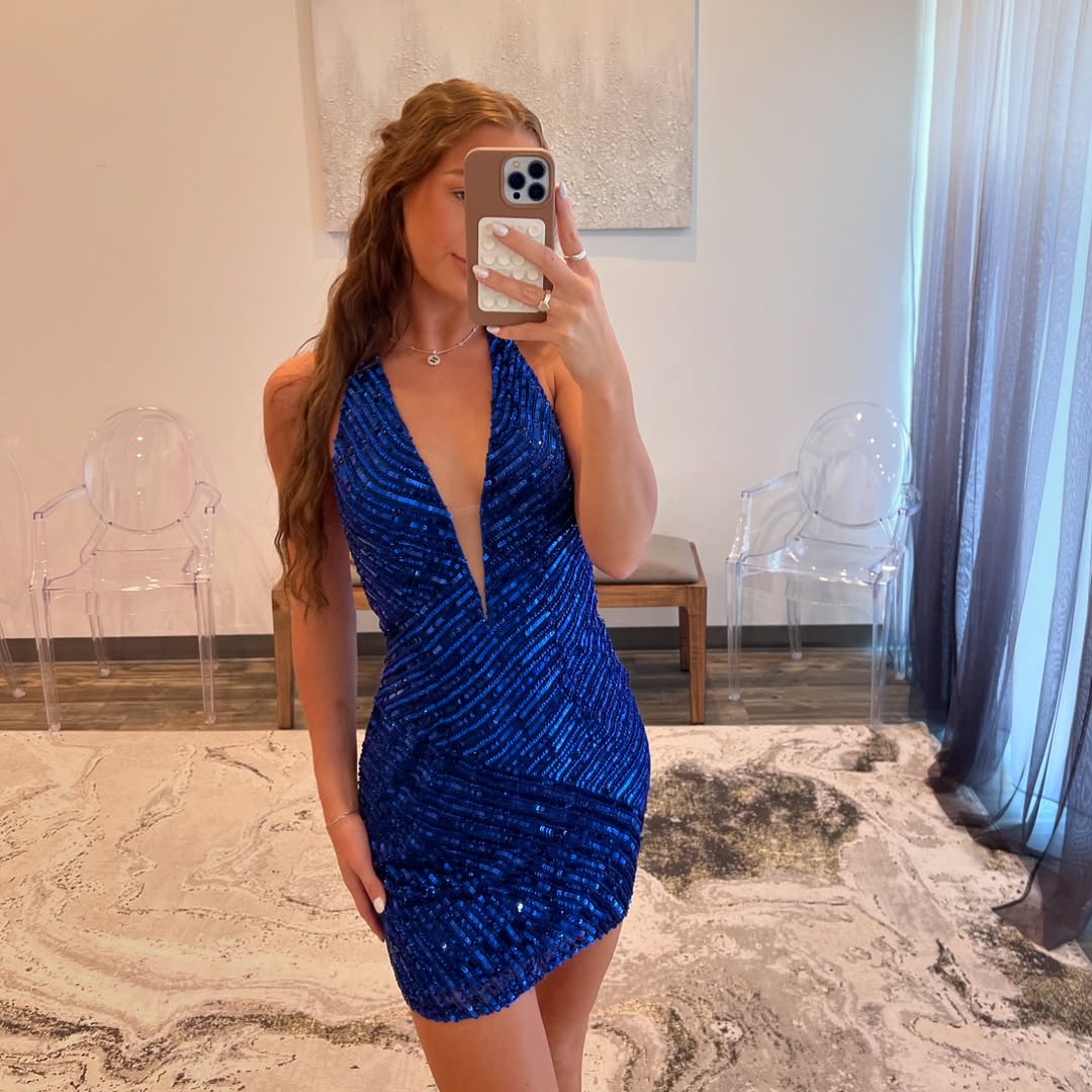 Bling Sheath Deep V Neck Royal Blue Sequins Short Homecoming Dress with Open Back