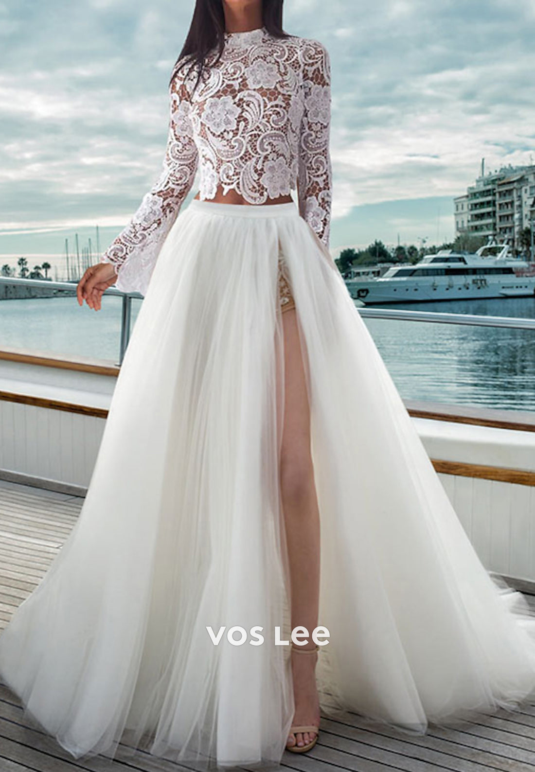 A-Line Long Sleeve High Neck Appliques Lace Beach Wedding Dresses with High Split