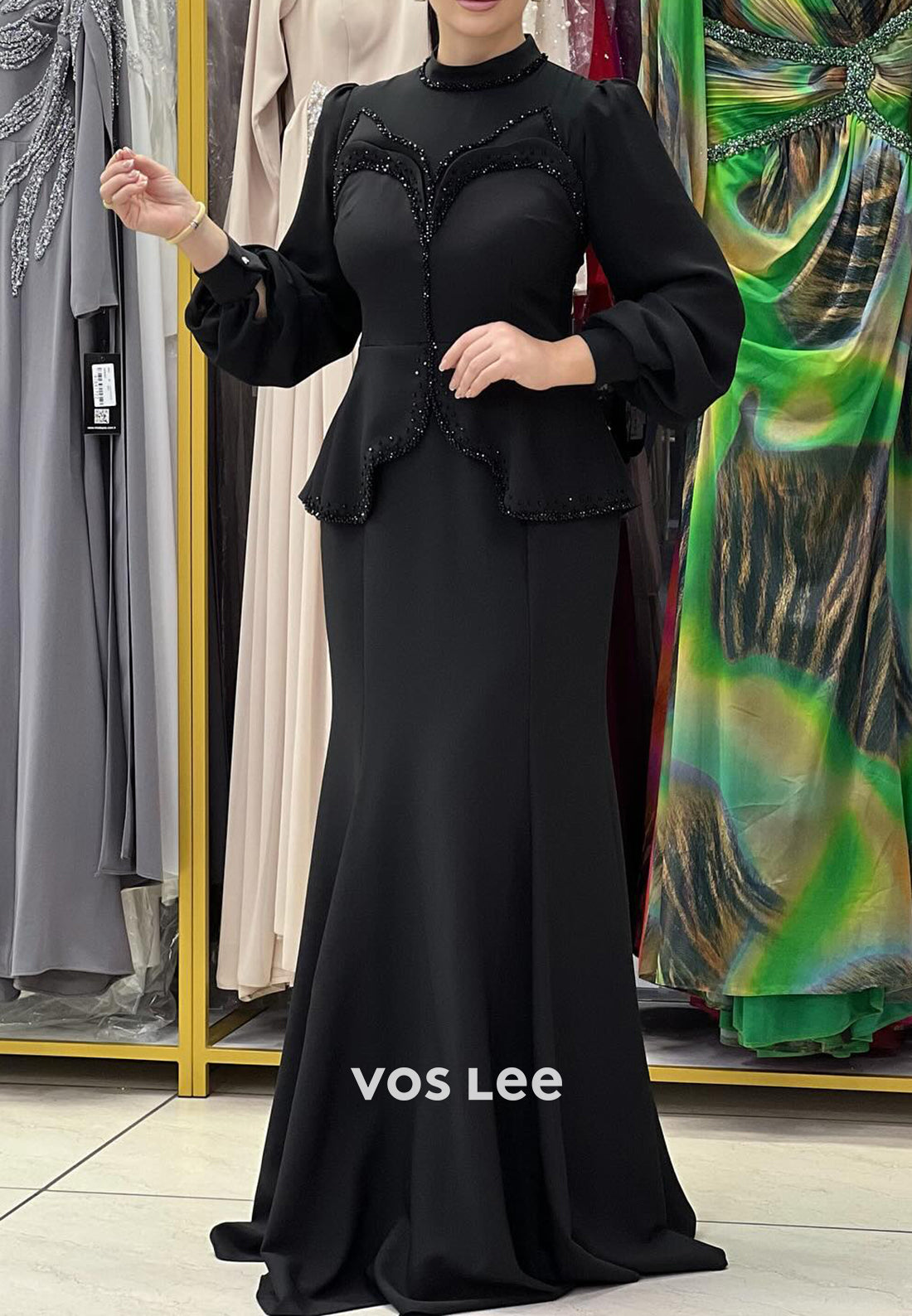 Long Sleeve Scoop Beaded Embellished Floor-Length Mermaid Evening Dresses