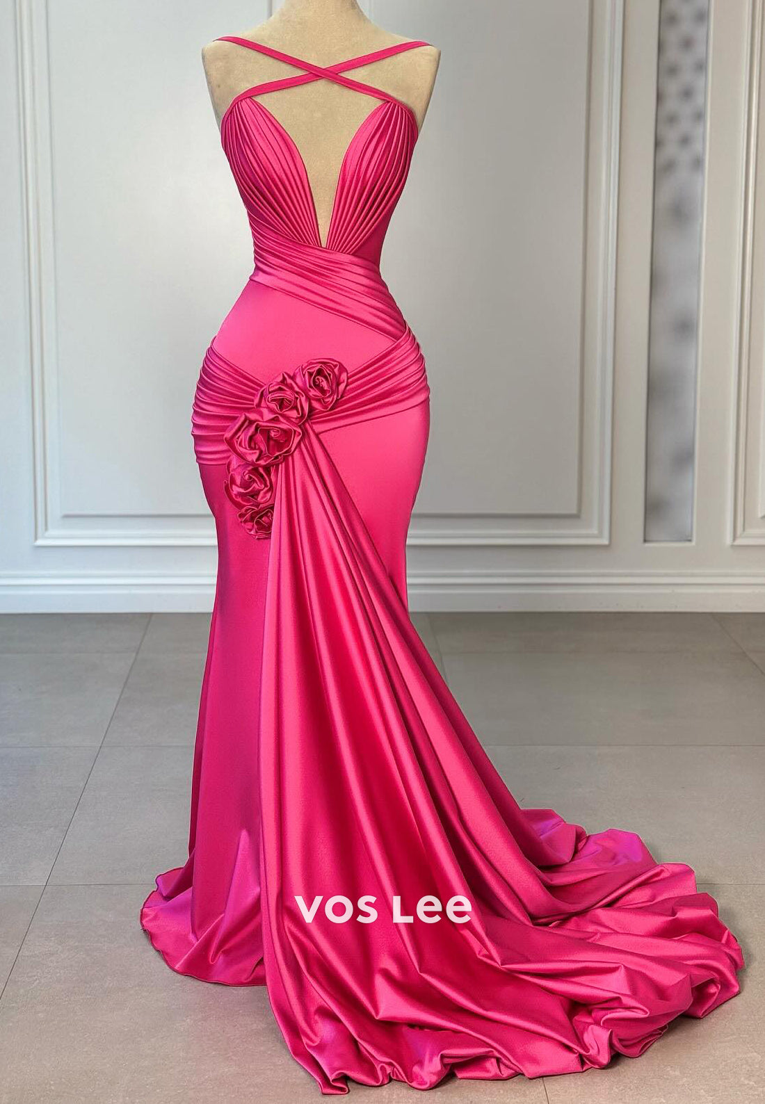 Fashion Cross-Neck V-Neck Pleated Flowers Mermaid Evening Dresses with Court Train