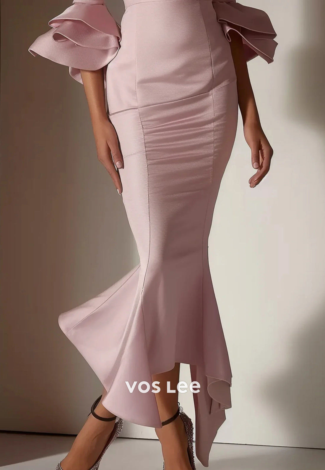 Simple 3/4 Bell Sleeve V Neck Pleated Ankle-Length Mermaid Wedding Guest Dresses