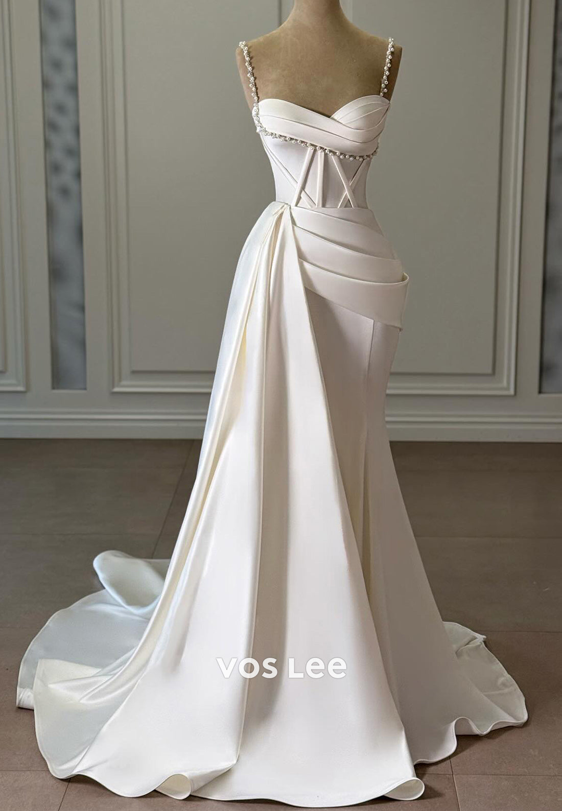 Spaghetti Straps Sweetheart Rhinestone Pearls Mermaid Evening Dresses with Court Train