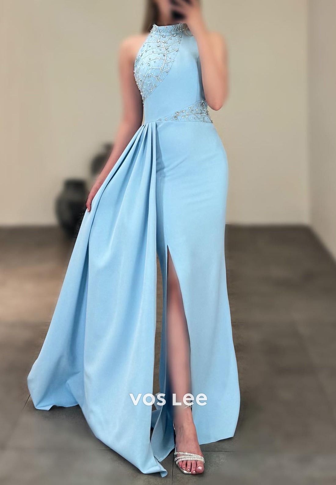 Halter Rhinestone Beading Embellished Floor-Length Mermaid Evening Dresses with Side Spilt