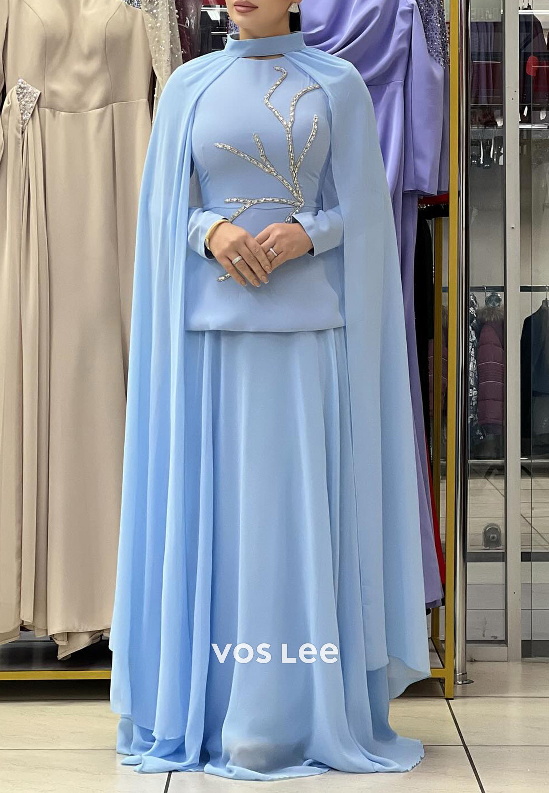 Long Sleeve High Neck Rhinestone Embellished Floor-Length Pleated Evening Dresses