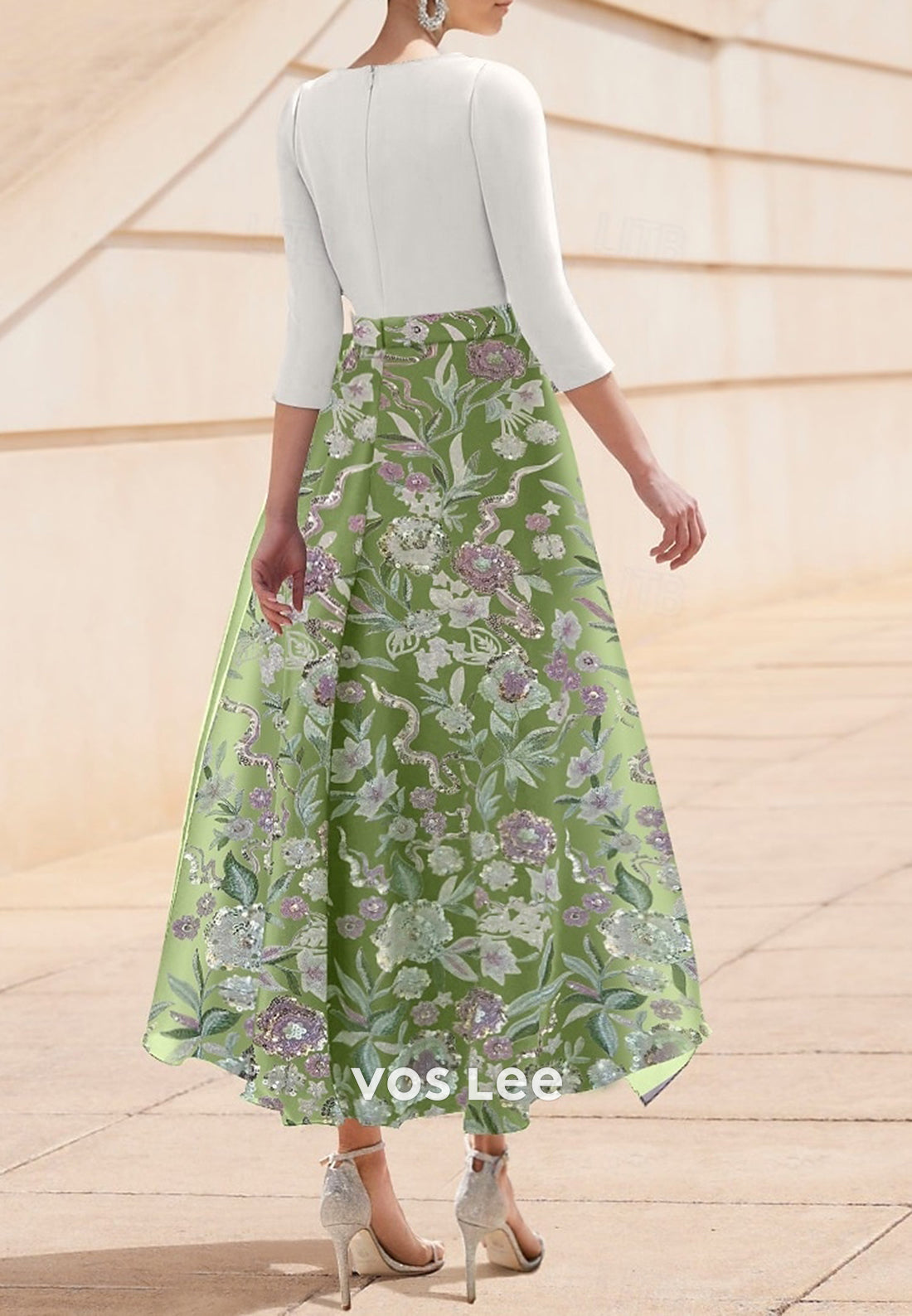 A-Line V Neck Half Sleeve Appliques Embellished Pleated Evening Dresses