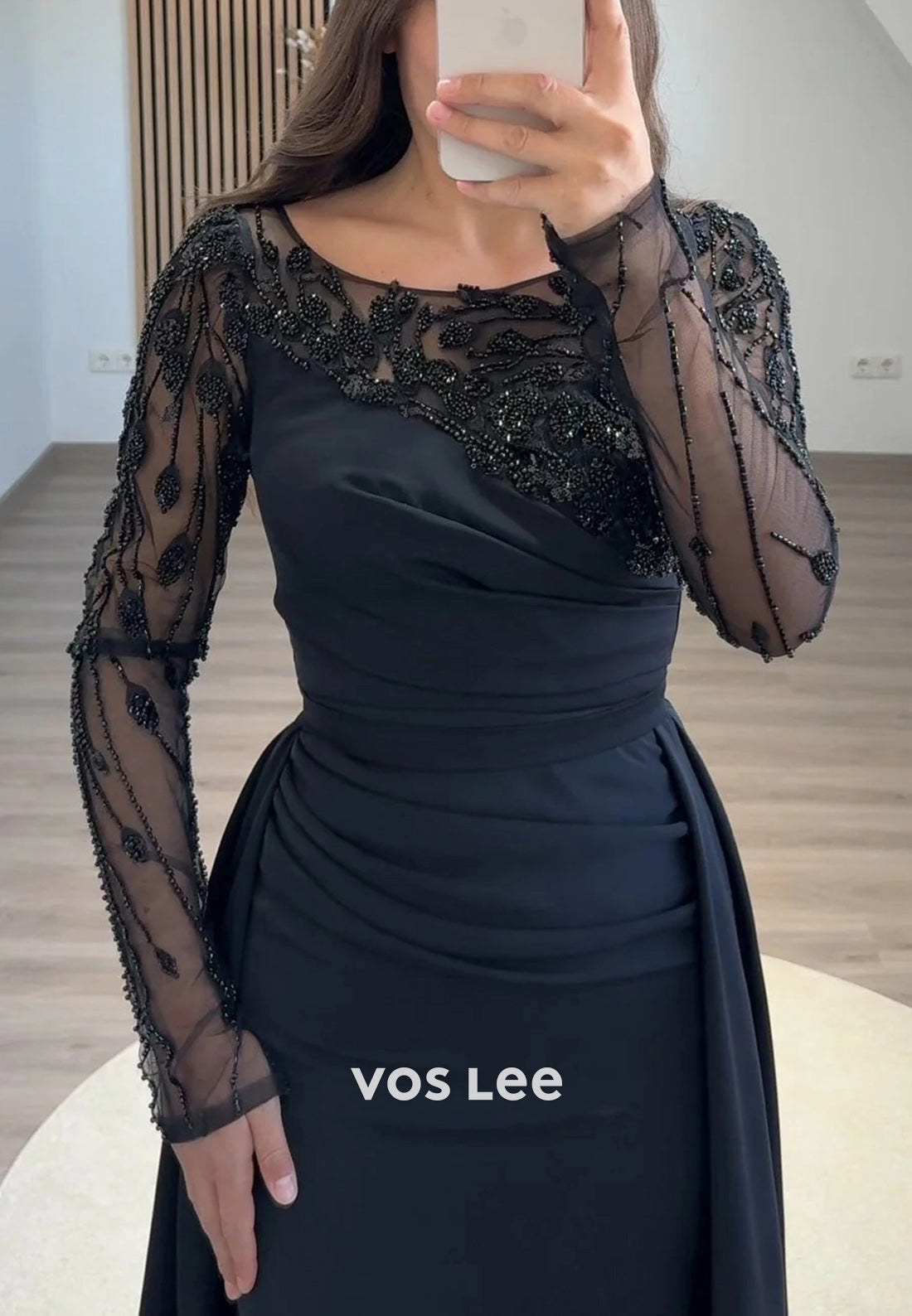 Long Sleeve Scoop Beading Sequins Embellished Mermaid Evening Dresses with Sweep Train