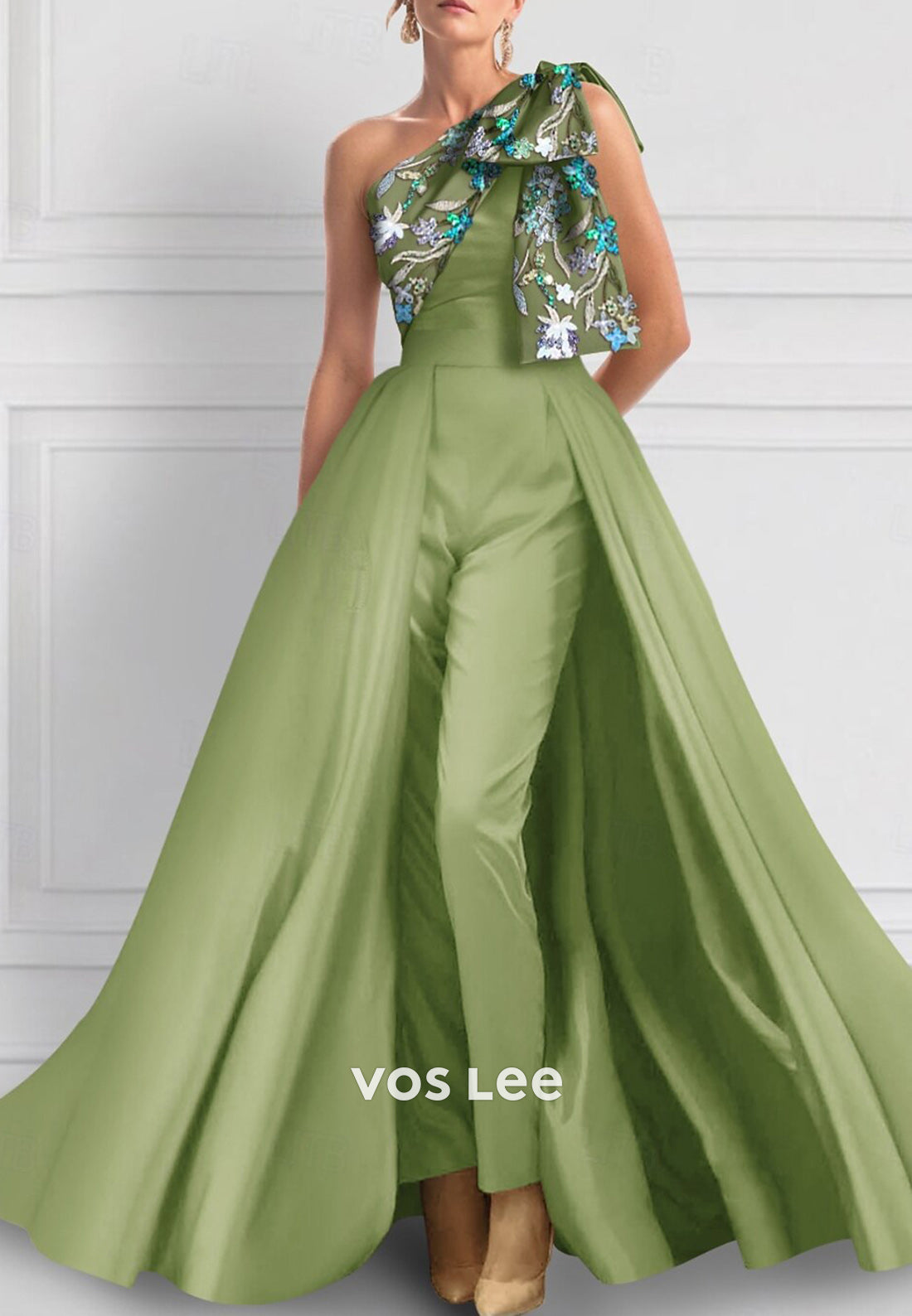 One Shoulder Bowknot Sequins Floral Appliqued Jumpsuit Mother of Bride Dresses