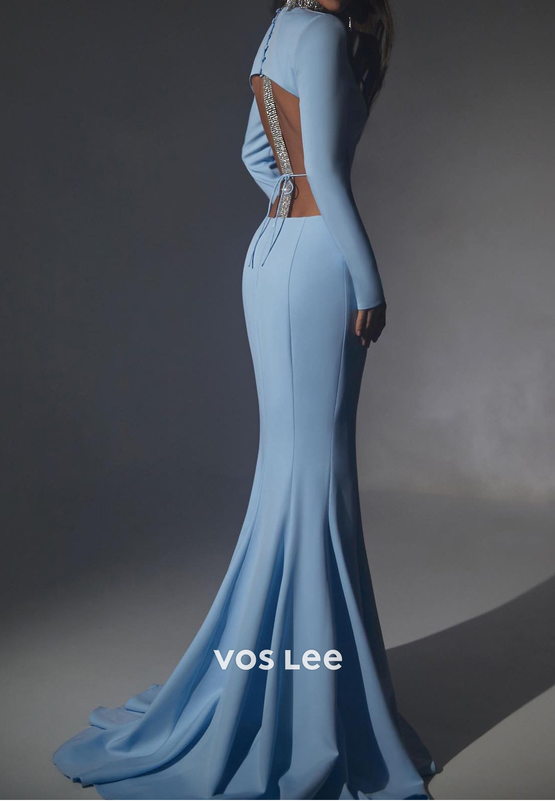 Long Sleeve Scoop Rhinestone Pleated Mermaid Evening Dresses with Sweep Train