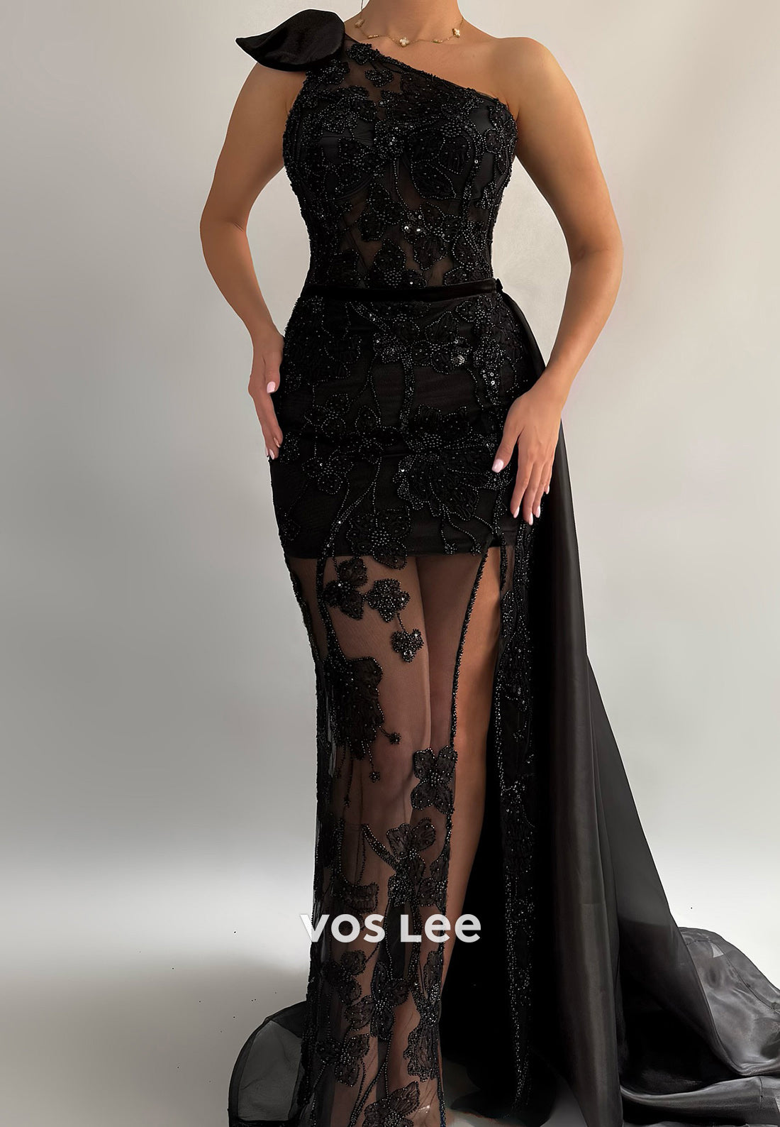 One Shoulder Beaded Embellished Sheath High Split Evening Dresses with Sweep Train