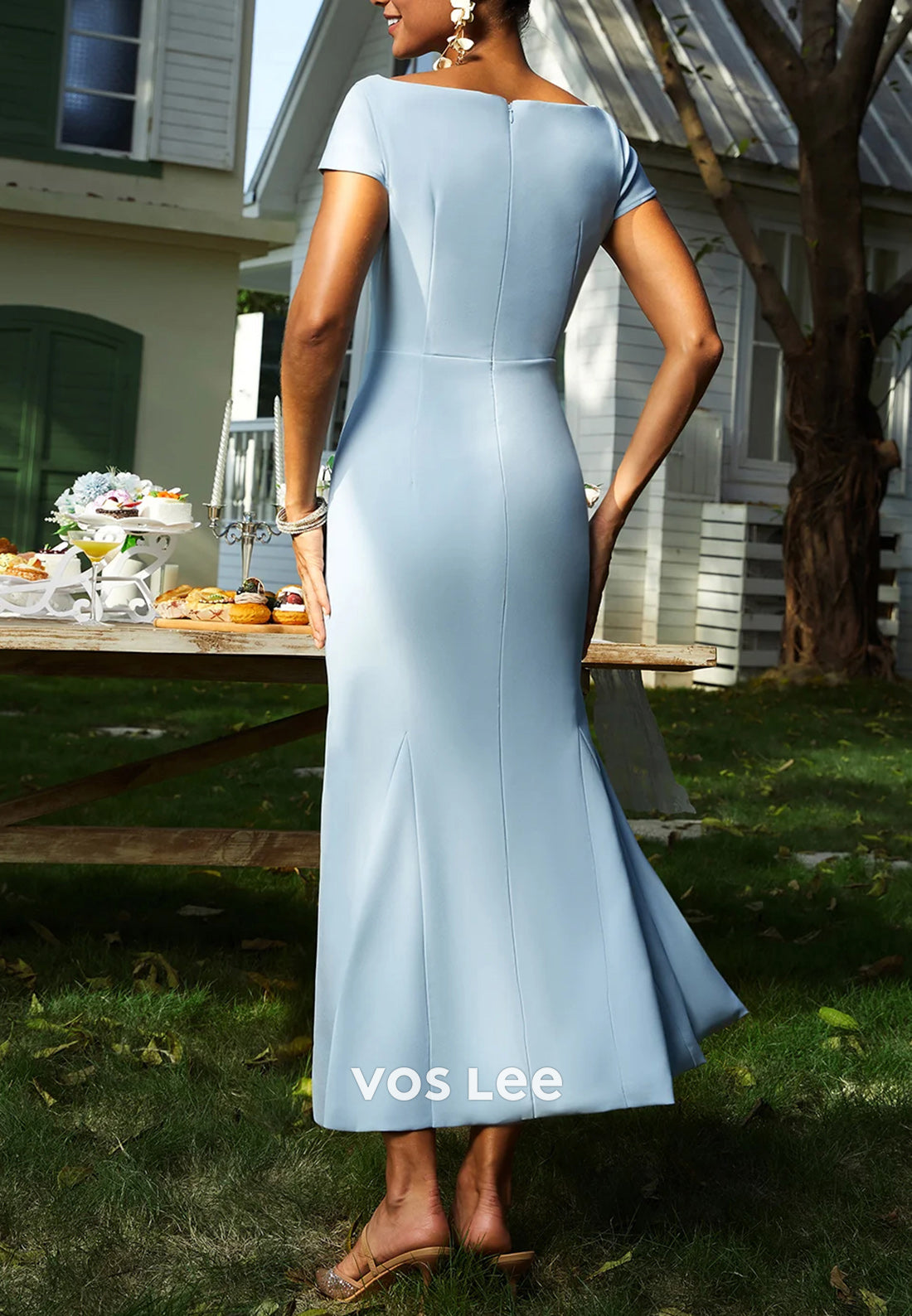 Classic Short Sleeve Scoop Ankle-Length Pearls Ruched Trumpet Wedding Guest Dresses