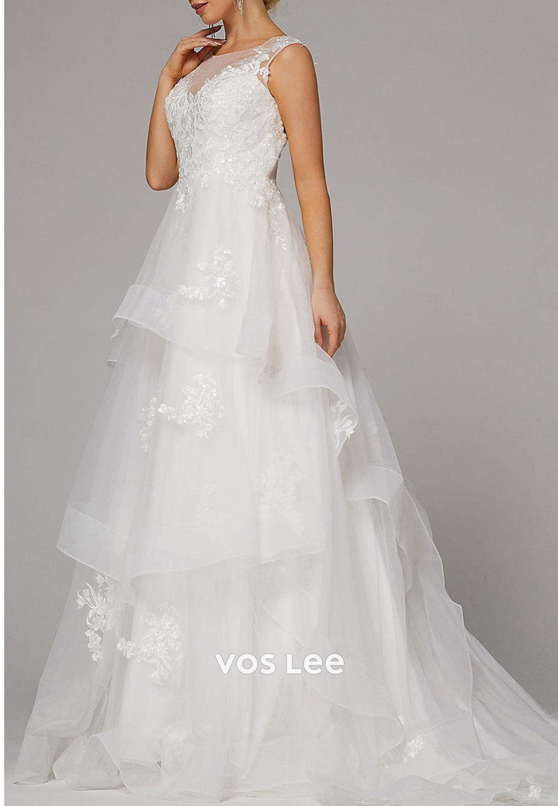 A-Line Illusion Neck Appliques Lace Beach Pleated Wedding Dresses with Sweep Train