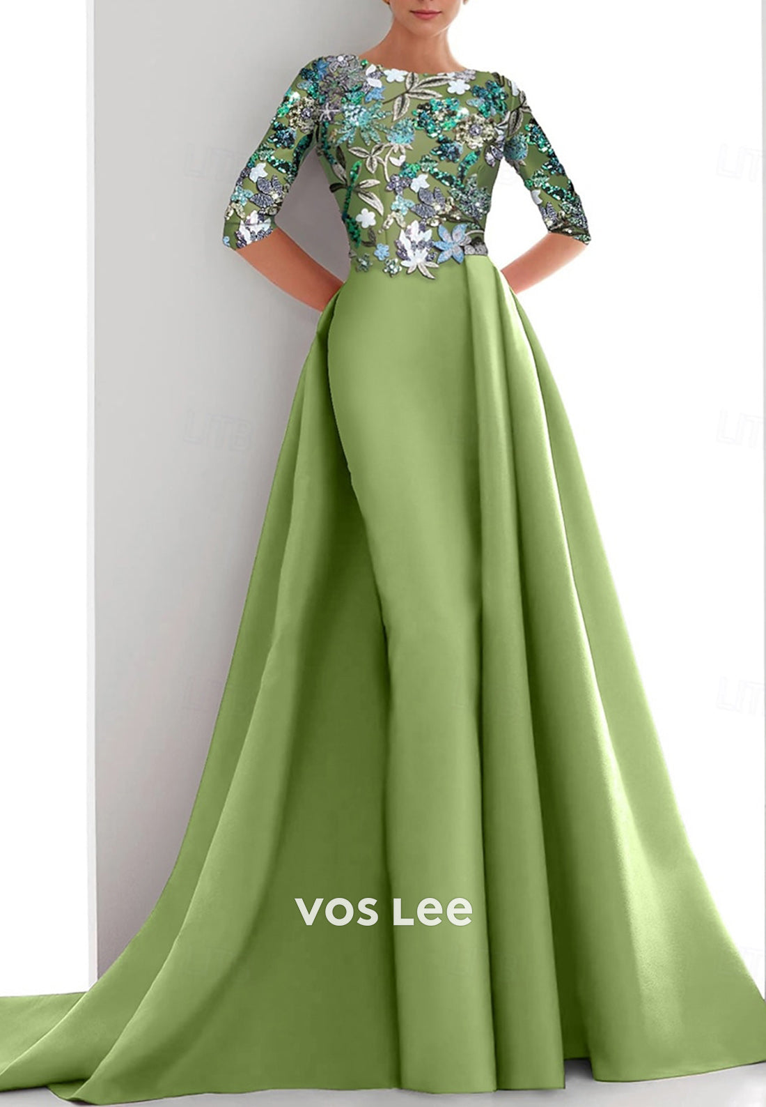 Half Sleeve Scoop Appliqued Pleated Mermaid Mother of Bride Dresses with Sweep Train