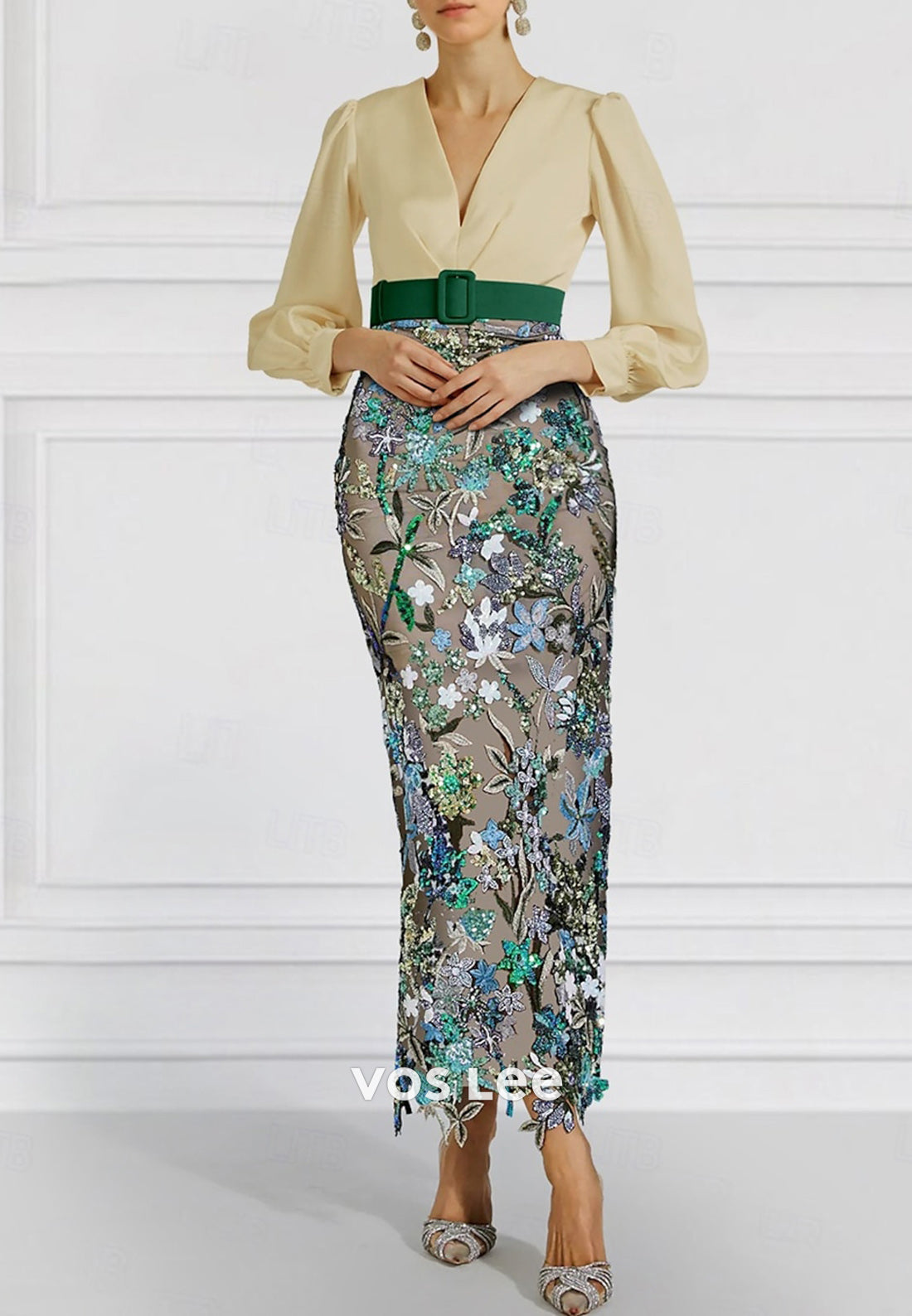 Empire Waist Long Sleeve V Neck Appliqued Tea-Length Mermaid Mother of Bride Dresses