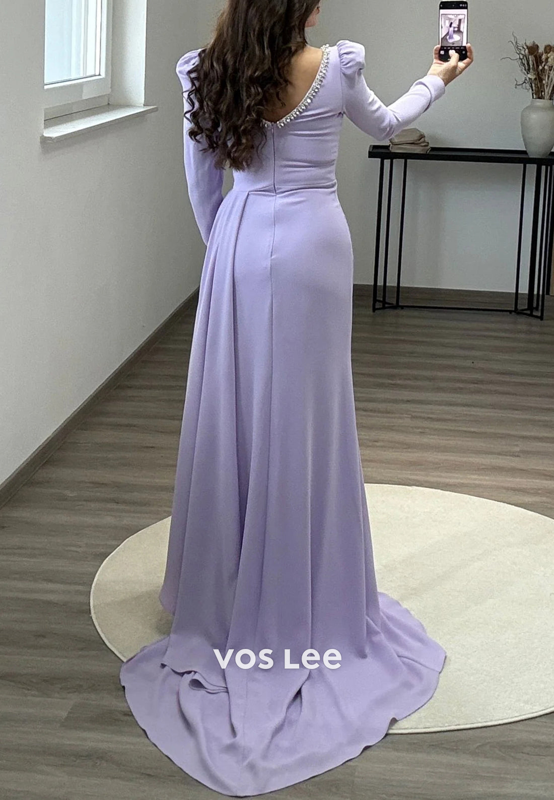 Long Sleeve Scoop Rhinestone Pleated Mermaid Evening Dresses with Sweep Train