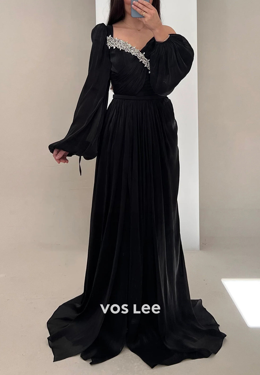 A-Line Long Sleeve Asymmetrical Neck Rhinestone Ruched Evening Dresses with Sweep Train