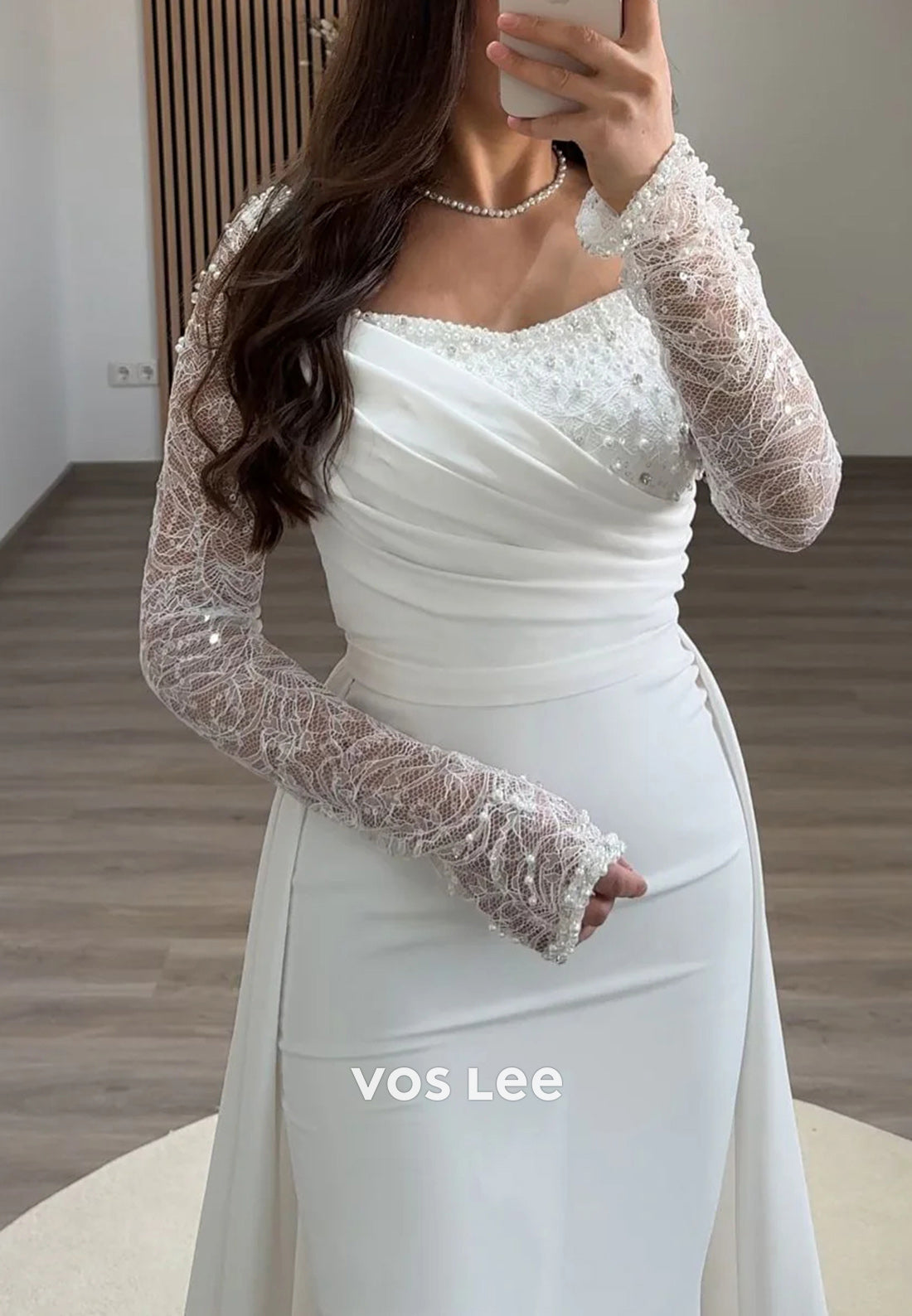 Long Sleeve Lace Rhinestone Square Pleated Mermaid Evening Dresses with Court Train