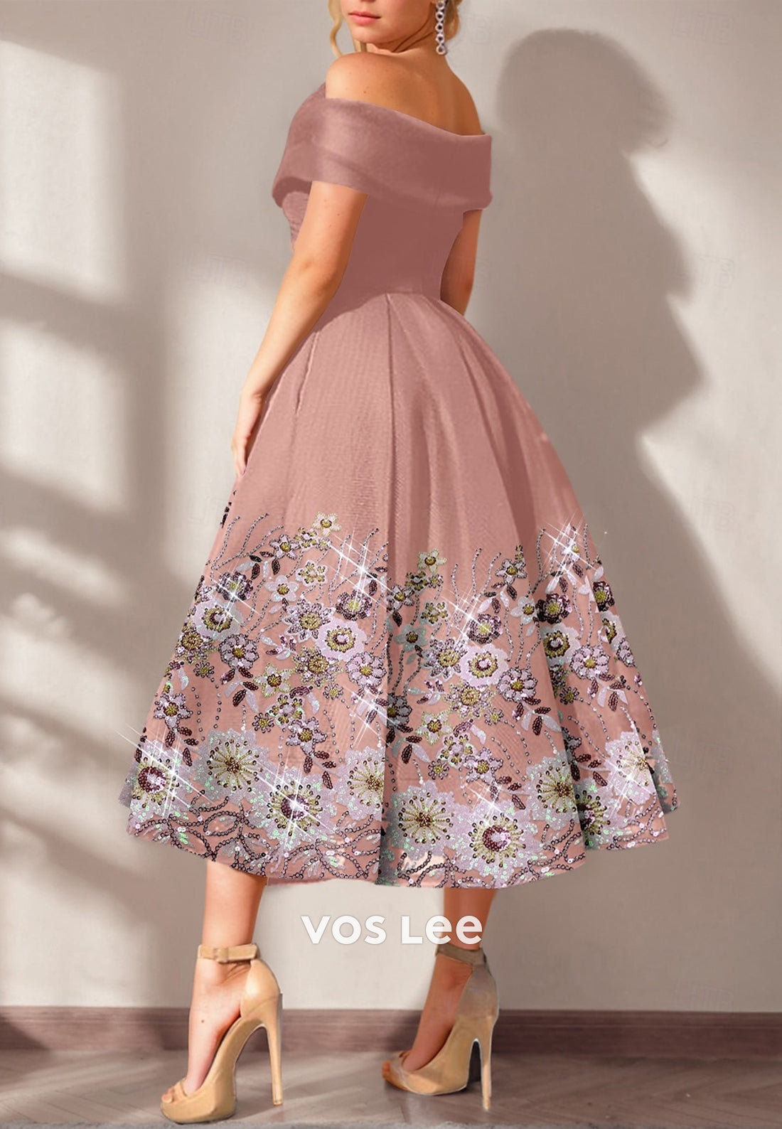 A-Line Sleeveless Off the Shoulder Floral Embellished Tea-Length Evening Dresses