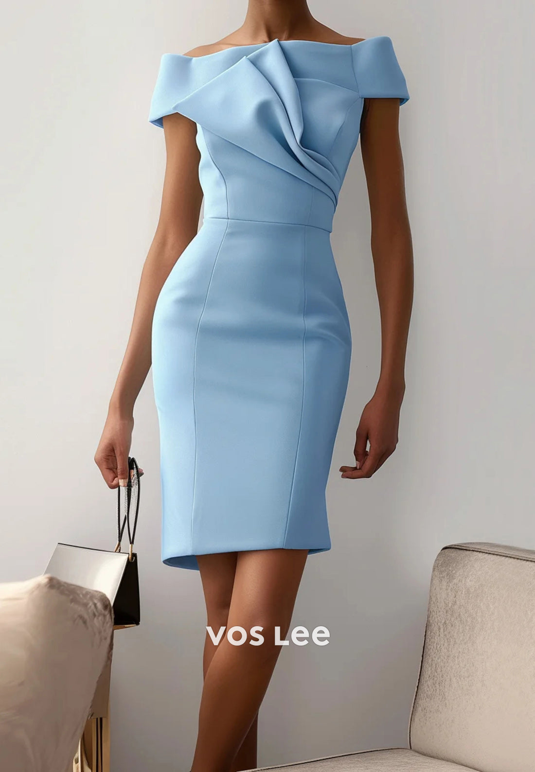 Mini & Short Sky Blue Off the Shoulder Pleated Sheath Wedding Guest Dresses