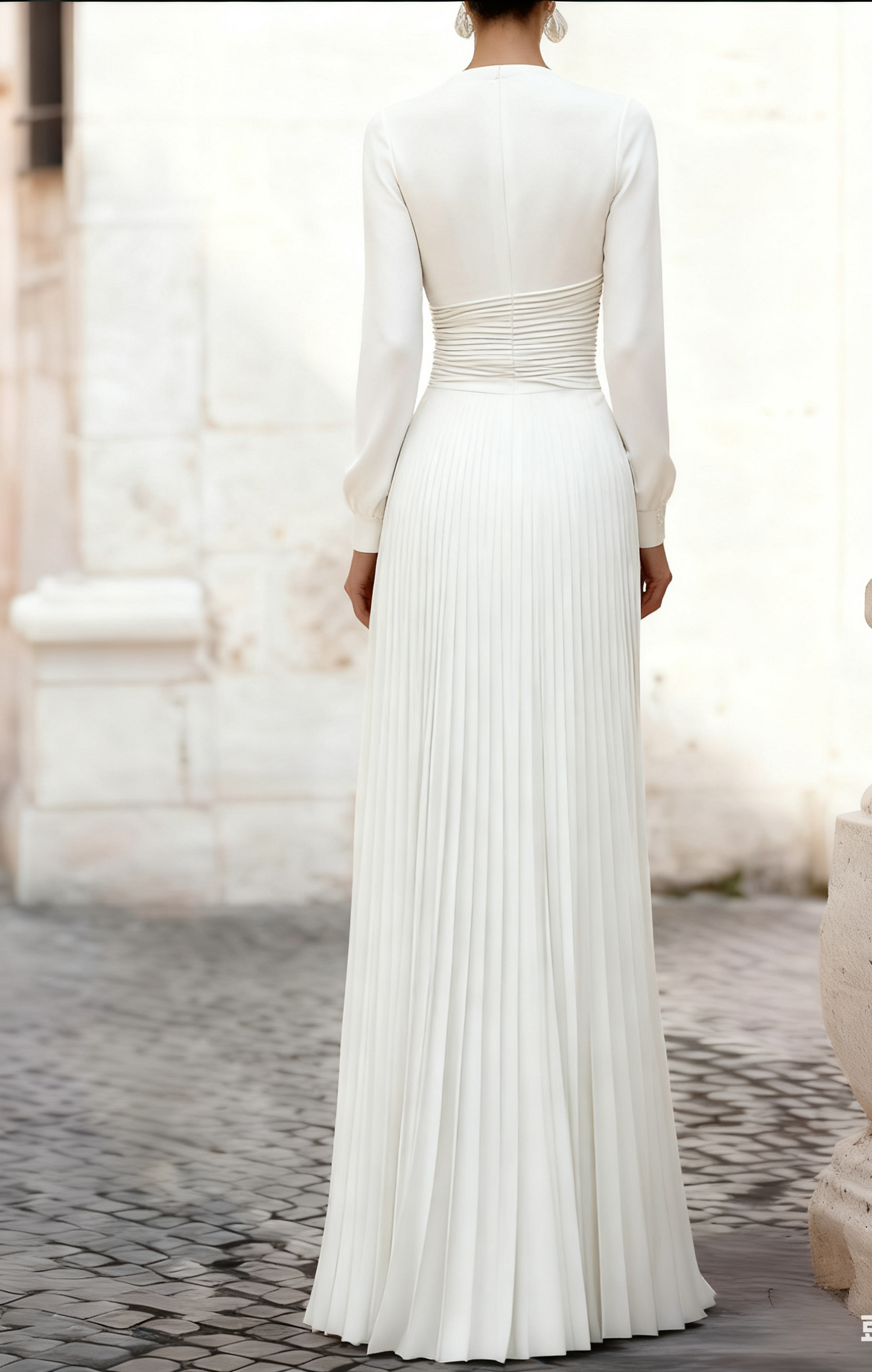 V Neck Long Sleeves Satin Pleated Evening Gown Wedding Guest Dress